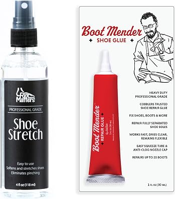 FOOTMATTERS Shoe Stretch Spray and Boot Mender Shoe Glue Bundle