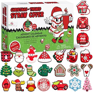Advent Calendar 2025 - Christmas Countdown Calendars 24 Days of Surprises with 10mm Straw Toppers - Straw Cover Caps Funny Gifts for Cup 30Oz 40Oz Tumbler Kids Teens Boys Girls Adults