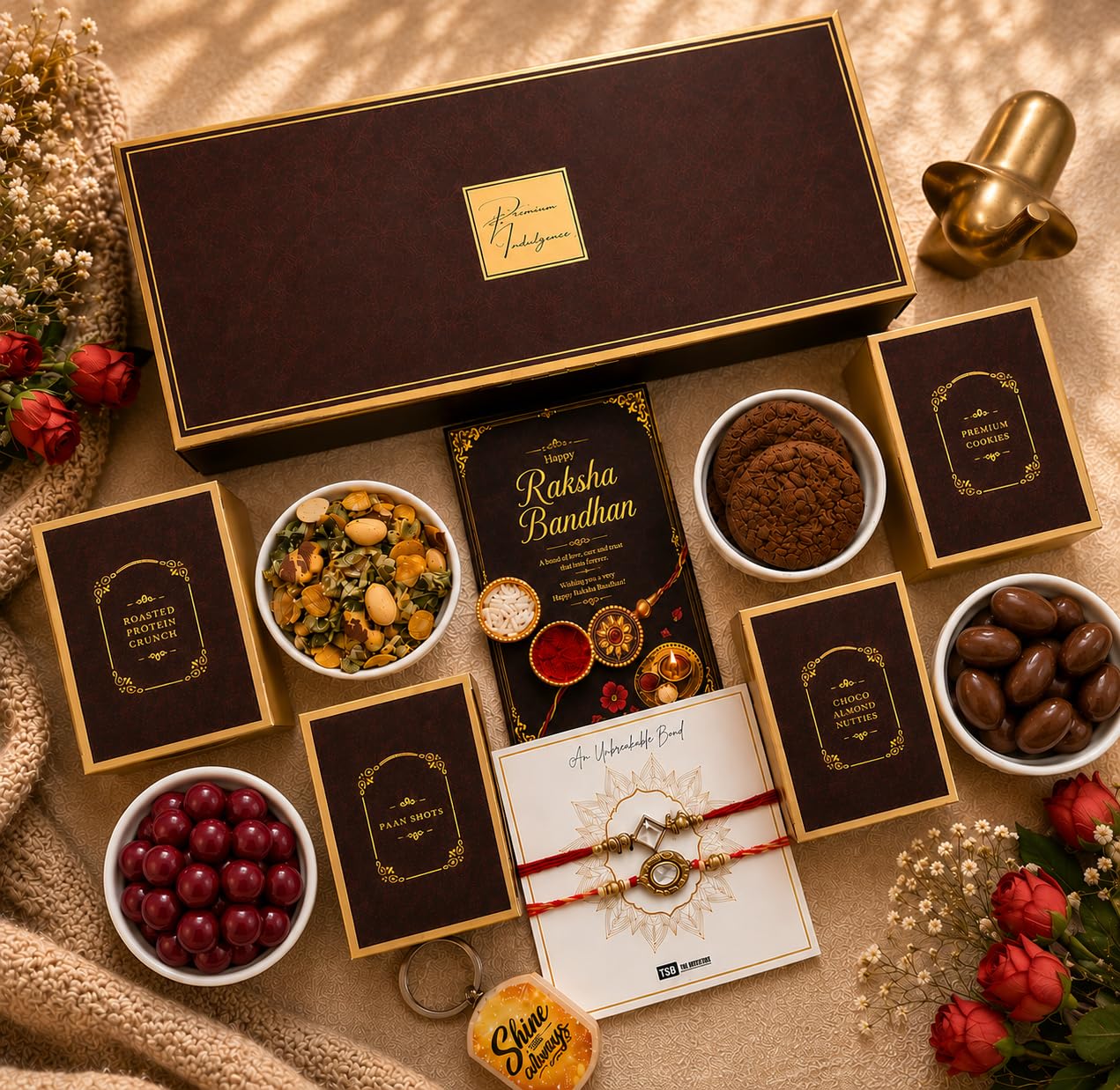 NutriSnacksBox Chocolate Delight Rakshabandhan hamper for Brother with Raisin Chocolate in a Box | ButterScotch Chocolates in a Box | Choco Nutties Rose Petals in a box | Chocolates Square Bites in a tray | Pooja Thali with 4 inch Roli Chawal Set |Stone Rakhi for Brother with Greeting Card | Rakhi Brown Combo Pack | Rakshabandhan Gifts for Brother-image-3