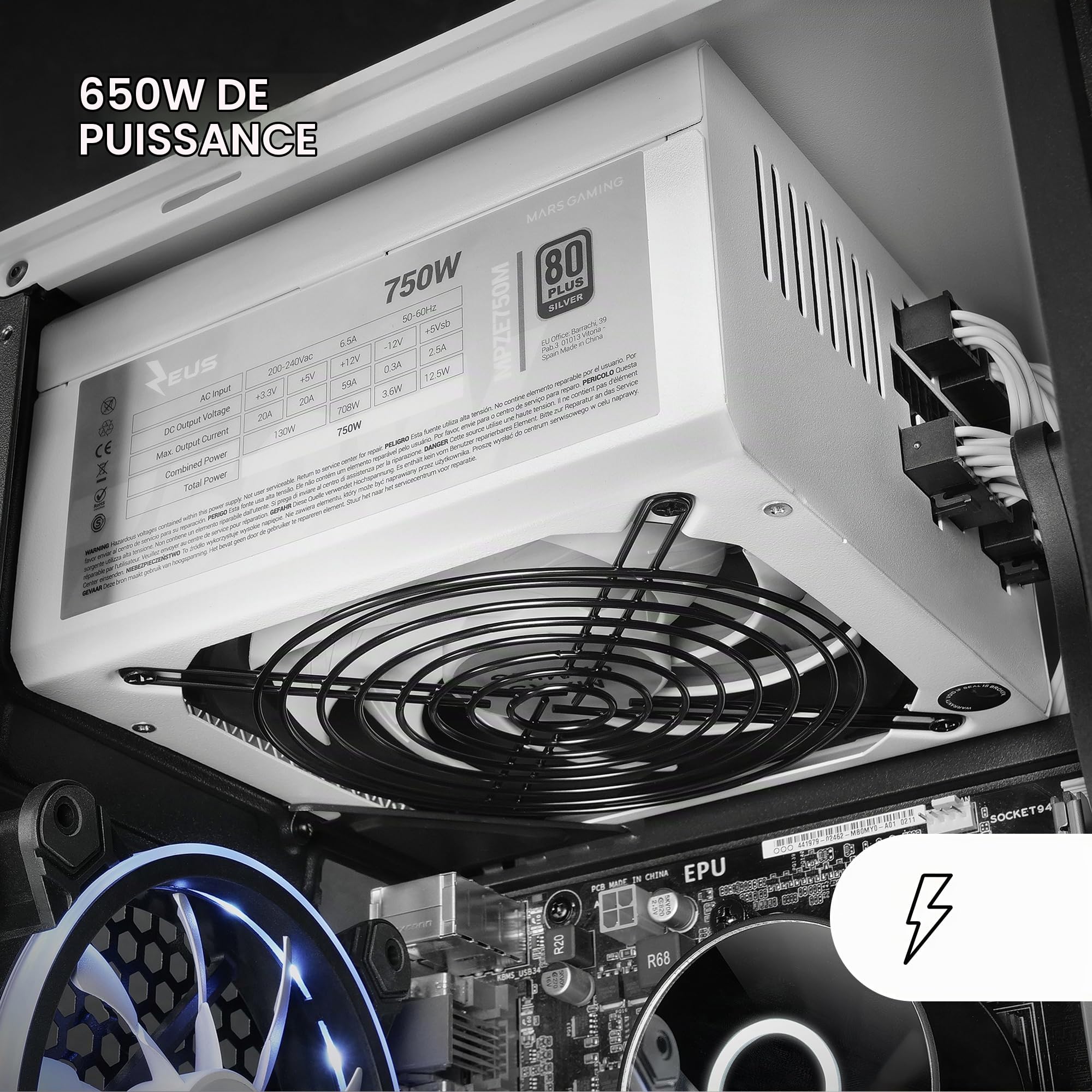 Mars Gaming MPB650, Alimentation PC ATX 650W, 6 Ans Garantie, 80Plus Bronze 230V, Ventilateur FDB 140mm avec Technologie Silencieuse AI-RPM, 90% d'Efficacité, Blanc