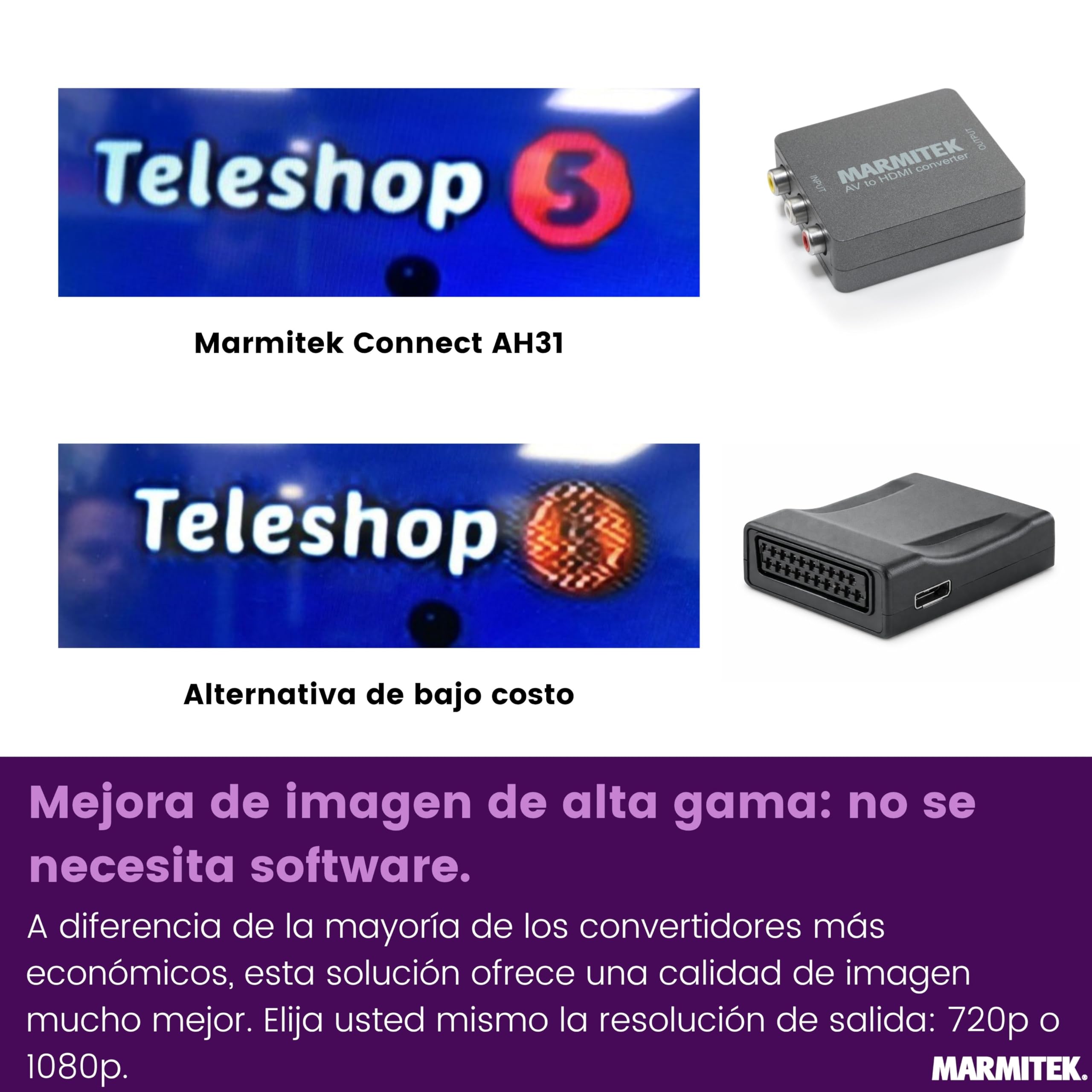 Marmitek Connect AH31 - Convertidor SCART RCA AV a HDMI 720p 1080p | Adaptador para TV y proyector, convierte vídeo compuesto y audio estéreo a HDMI, selector 720p/1080p y Plug & Play