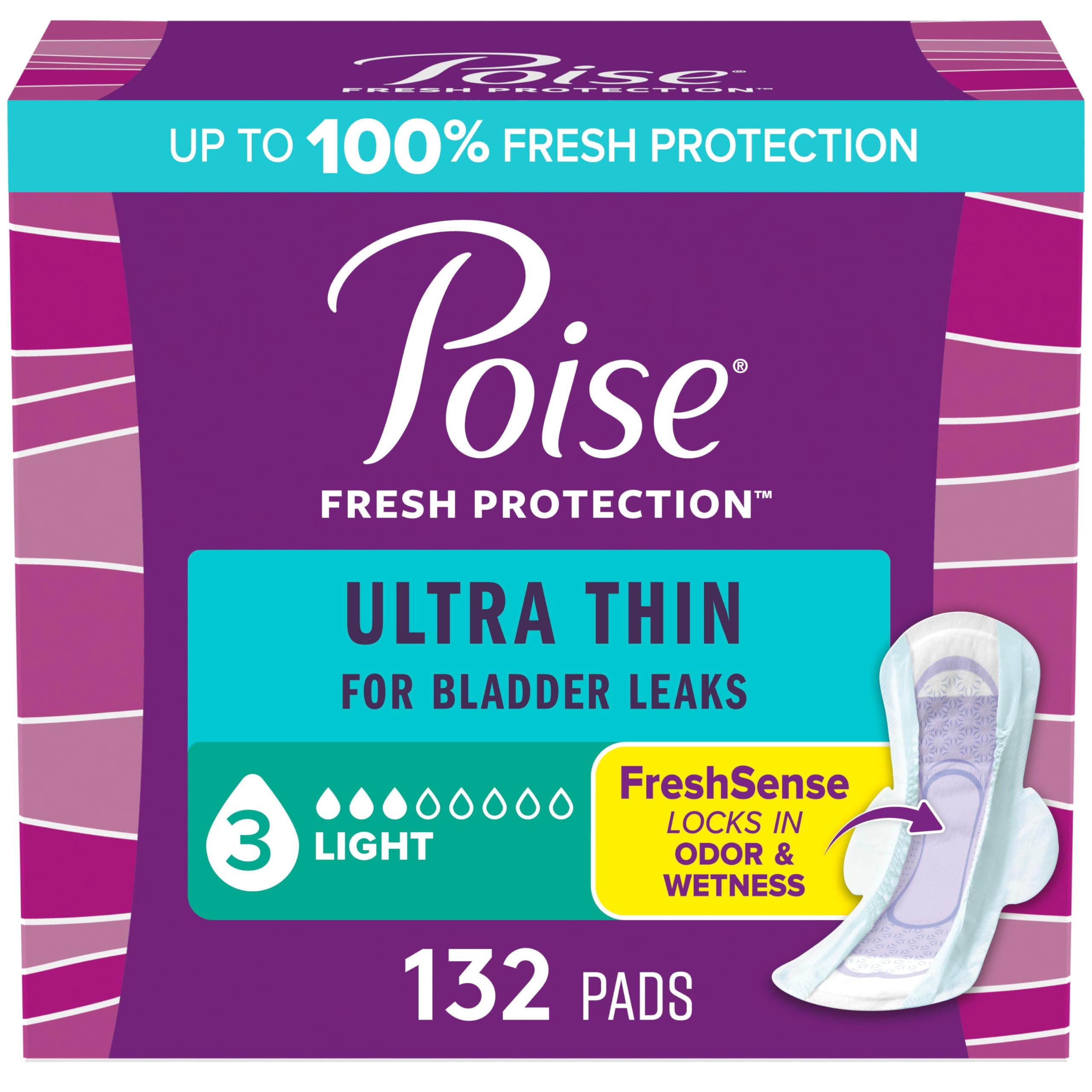 Photo 1 of Poise Ultra Thin Incontinence & Postpartum Pads with Wings for Bladder Leaks, 3 Drop Light Absorbency, Regular Length, 132 Count, Packaging May Vary