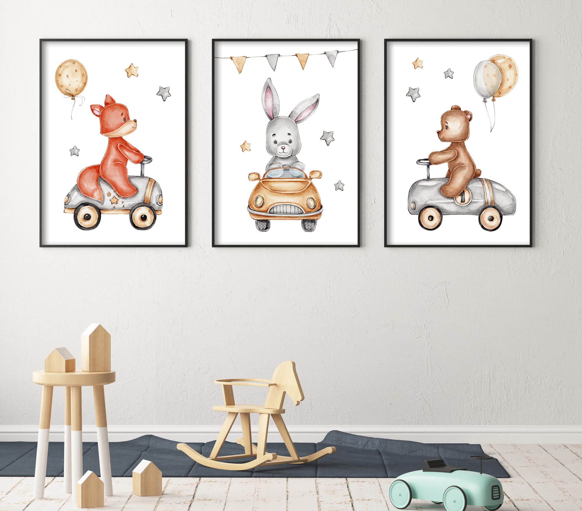 ag.art deco Decoration Chambre Bebe 30x40 cm | Affiche Decoration Murale Enfant | 3 Tableaux pour Décoration Chambre Fille ou Garcon | Poster Mural sans Cadre (Animaux en Voiture)