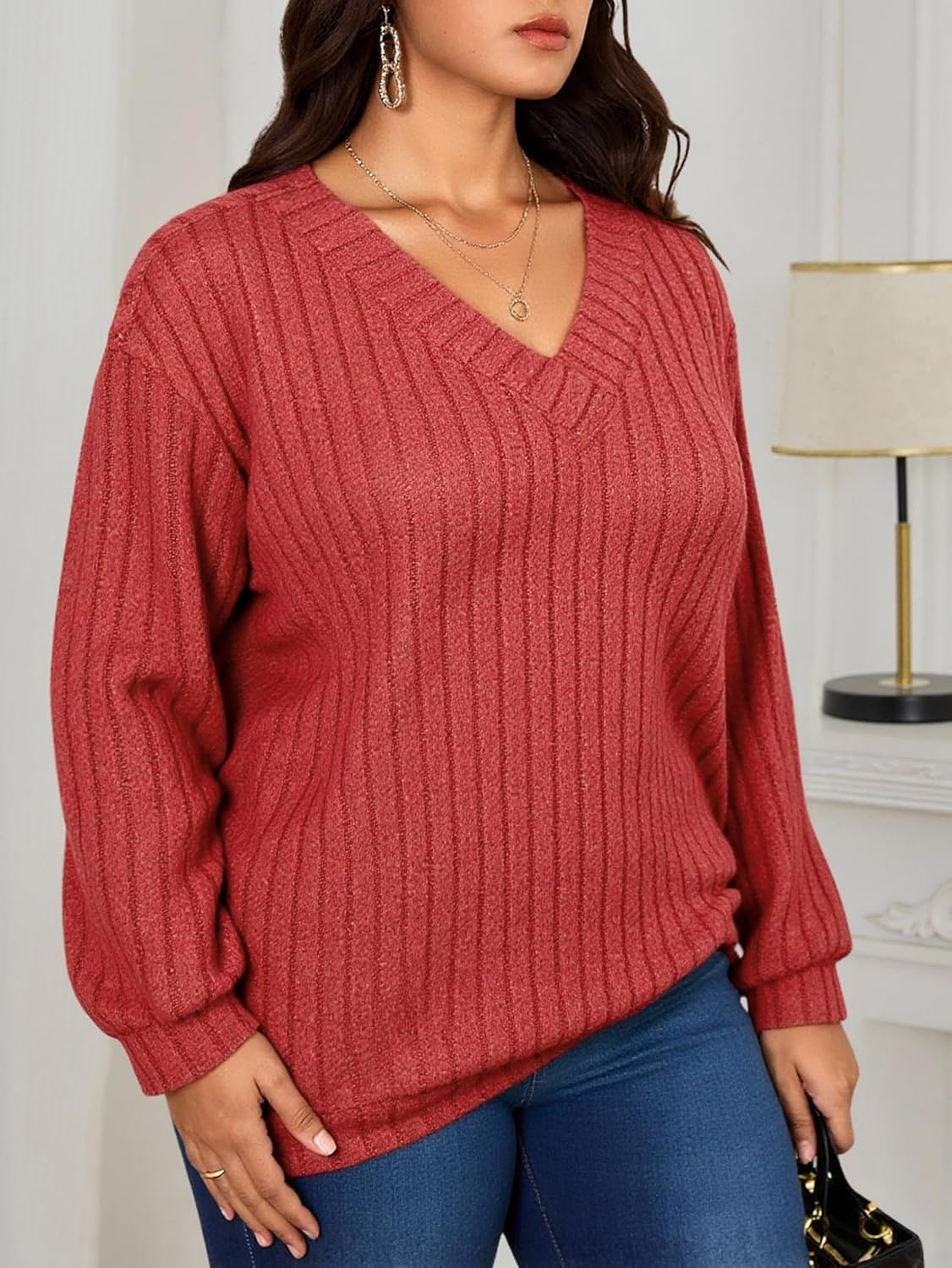 Women's Plus Size V Neck Sweatshirt Dressy Casual Long Sleeve Ribbed Knit Work Pullover Tops - Image 3
