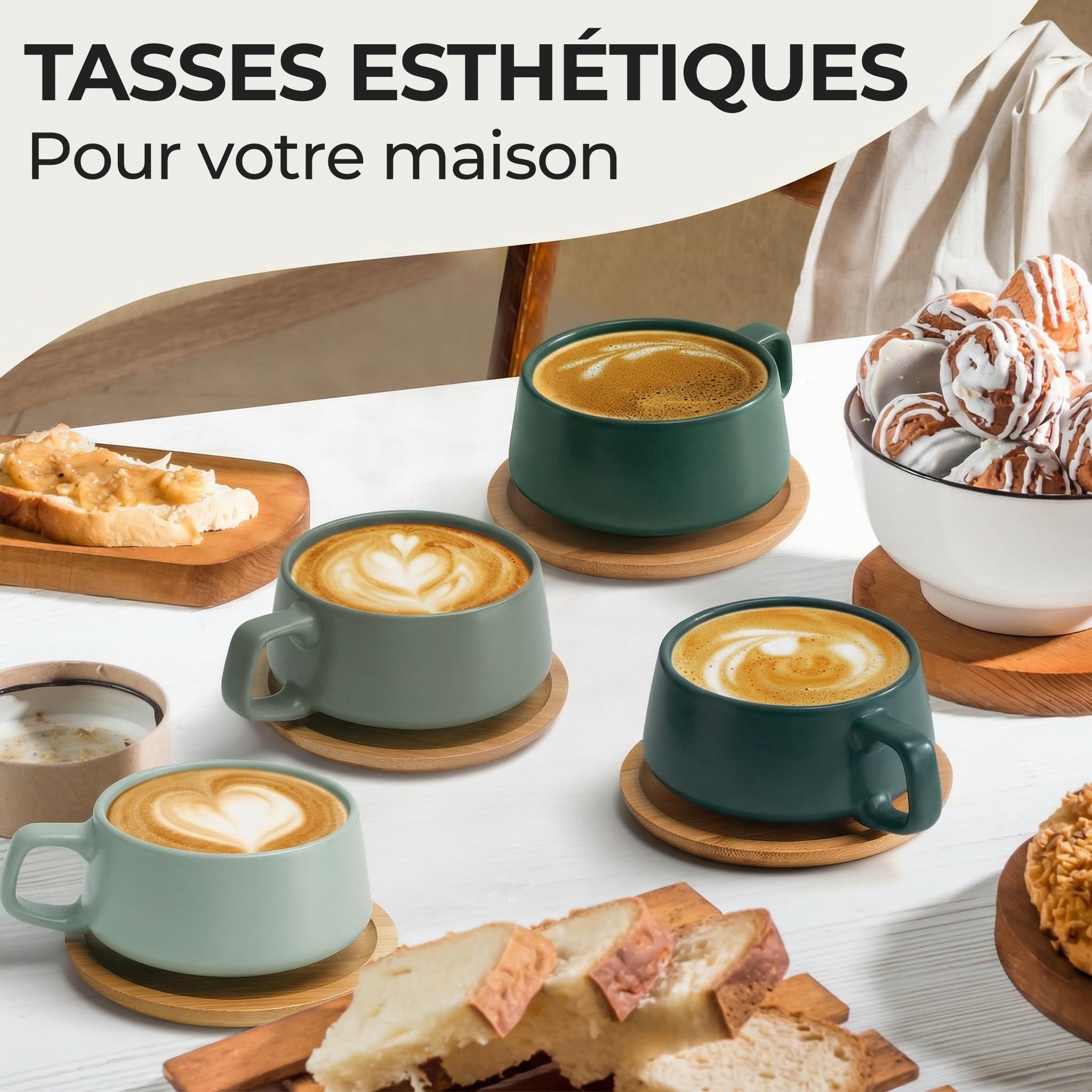 MIAMIO - 4 x 320 ml tasses à café/set de tasses et soucoupes/tasses à café en grès élégantes et modernes - Set Luxe collection 4pcs (Evergreen)