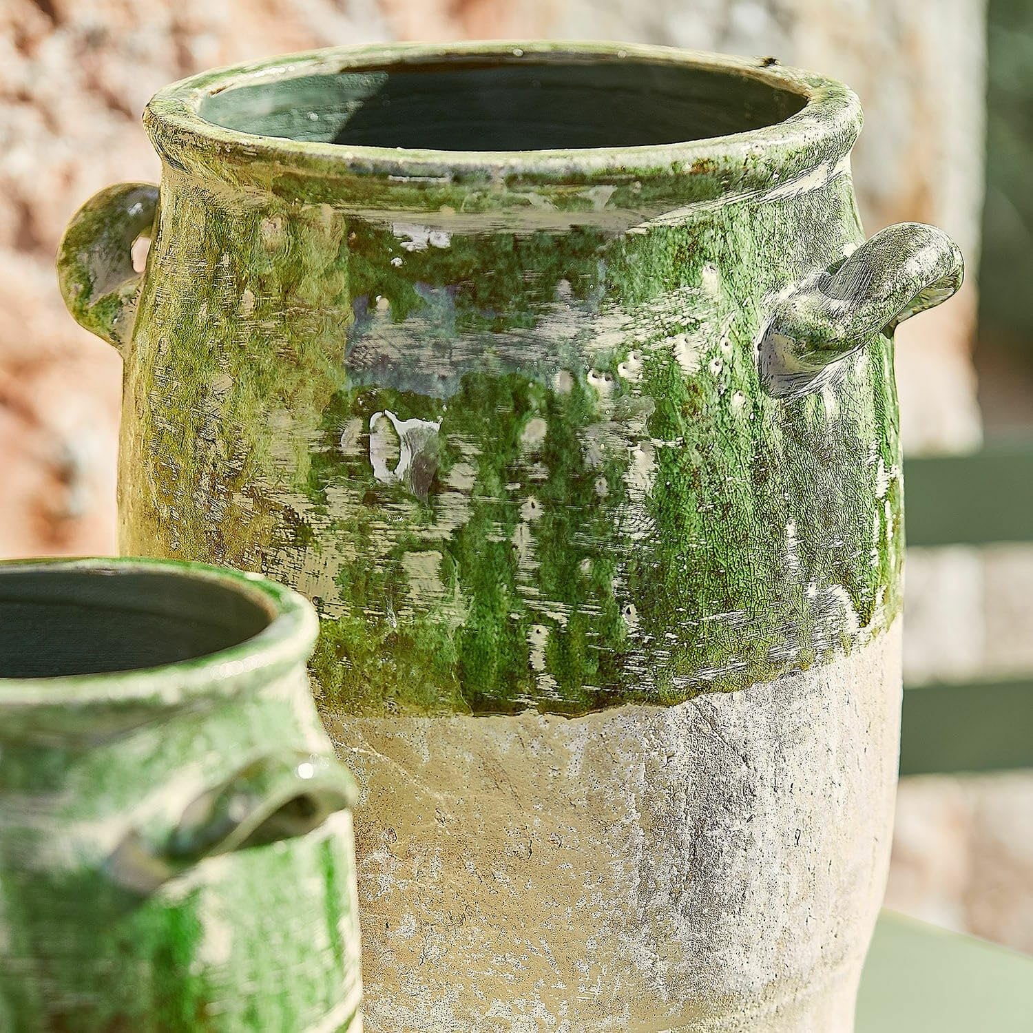 Loberon Reefton Lot de 2 vases - en Terre Cuite - Partiellement émaillé à la Main, Vert Vieilli