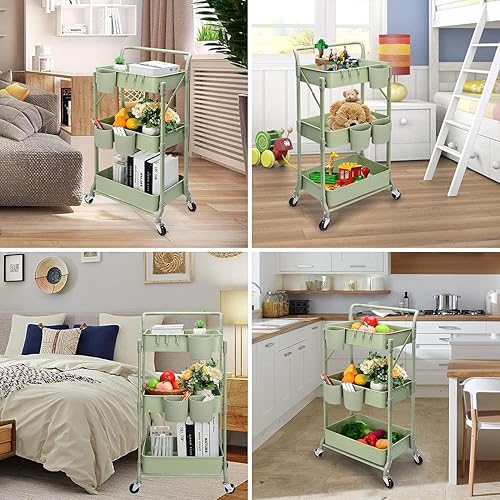 Miniatura 7 de Carrito plegable de metal de 3 niveles, carrito organizador plegable de almacenamiento multifunción para biblioteca en casa y oficina (verde)