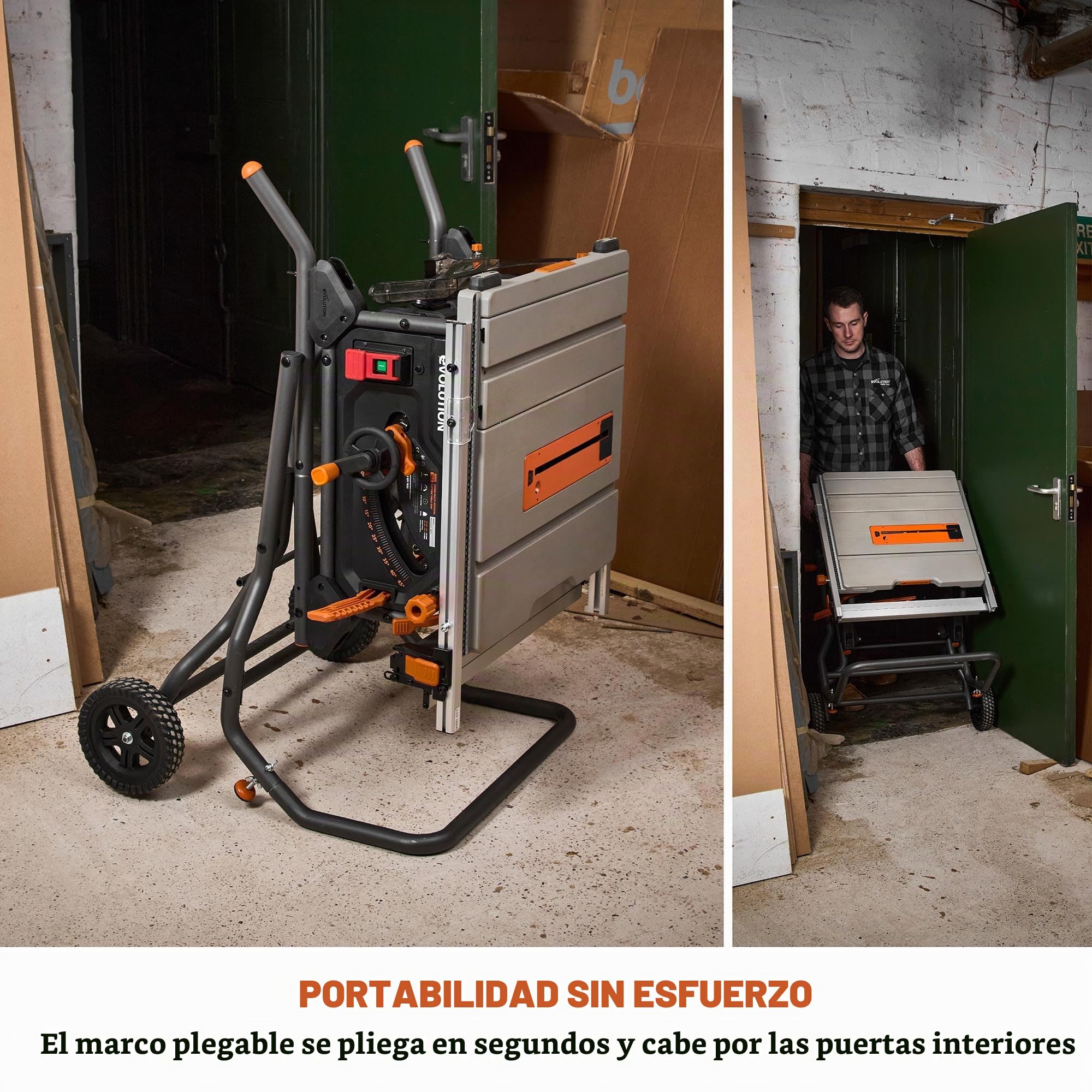 Evolution Power Tools Soporte para sierra de mesa, banco de trabajo plegable con ruedas, para R255TBL y R255TBL+, compacto, fácil de montar, ruedas grandes todo terreno