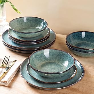 AmorArc Ceramic Dinnerware Sets,Handmade Reactive Glaze Plates and Bowls Sets,Highly Chip and Crack Resistant | Dishwasher & Microwave Safe Dishes Set,Service for 4 (12pc)