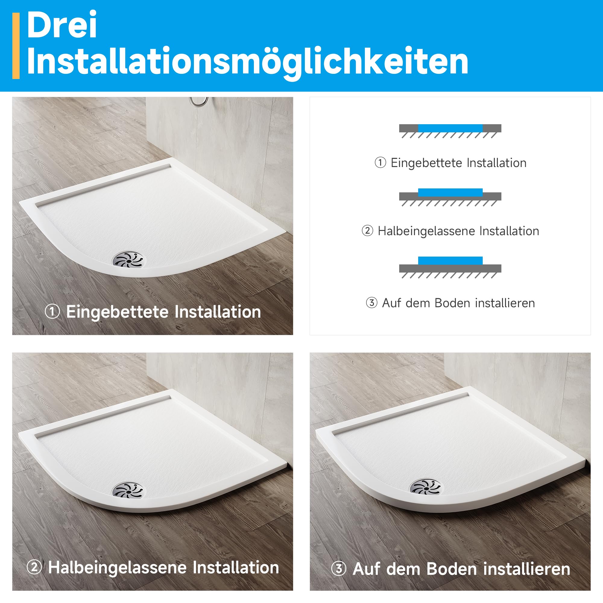 SONNI Oval Duschwanne, 90x90x4 cm, SMC, Rutschfeste Design, Mit Siphon