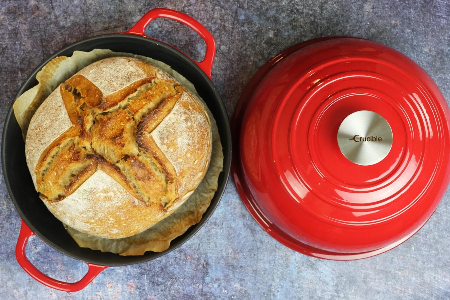 Enameled Cast Iron Bread Pan, Sour Dough Artisan Bread Oven – Red – Round 26 cm, 6.25 L (6.6 qt) – Boule Pan with a Deep Lid for Steam Baking