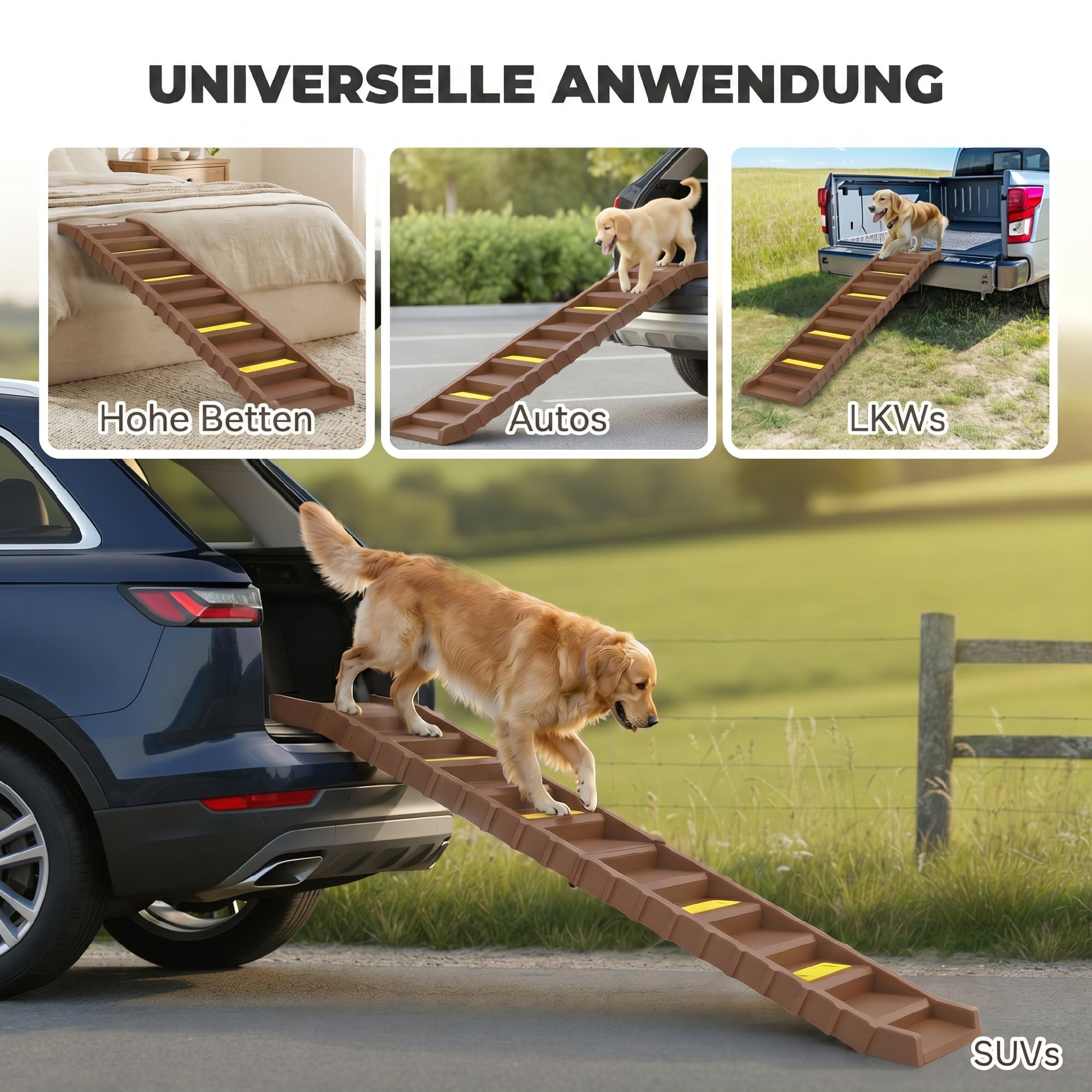PawHut Rampe Pliable Chien Voiture Support lit Haut 25 kg Marron | Escaliers pour chien portables 10 marches avec bandes antidérapantes et coussinets, légers pour SUV/camion