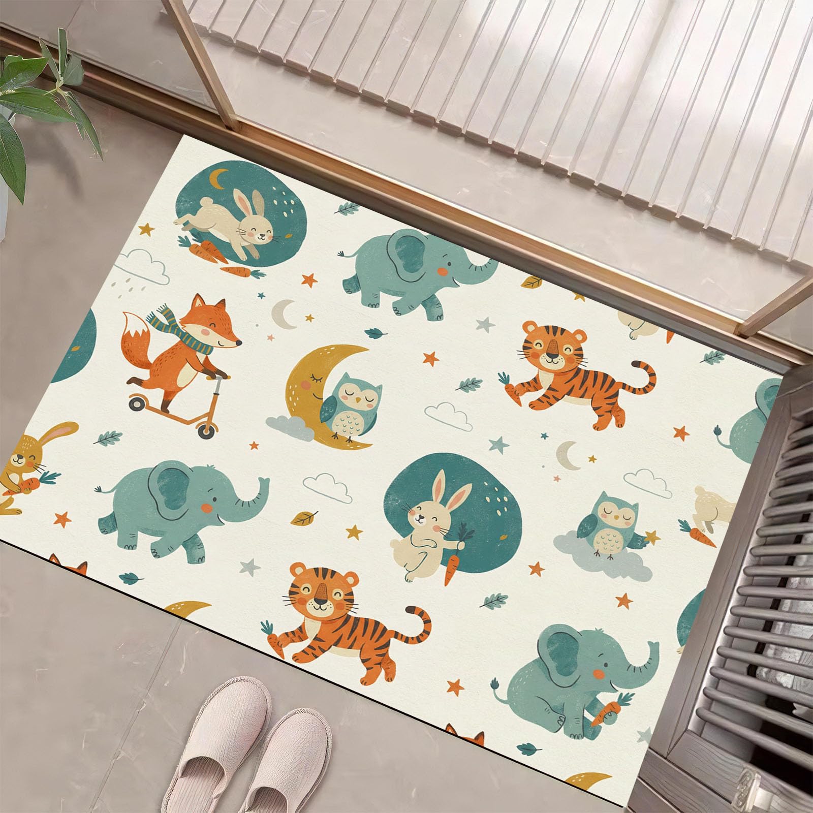 Felpudo de Entrada Conejo Elefante Luna, 80x120cm Alfombra para Puerta Animales Nocturnos Bosque, Antideslizante, Lavable Alfombrilla para Atrapar Suciedad para Pasillo, Cocina, Dormitorio