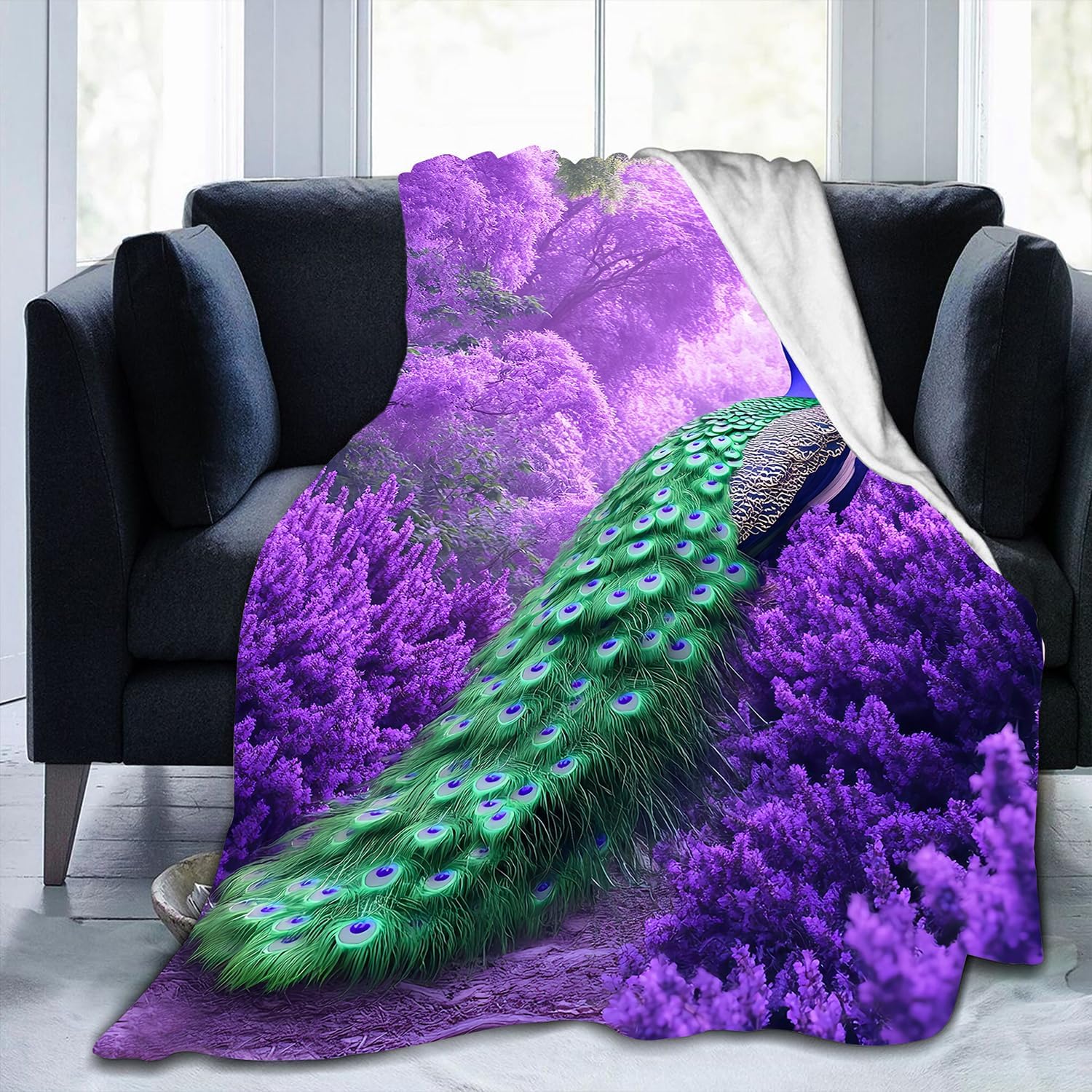 Peacock Gifts for Women, Super Soft Graceful Peacock Decor Purple Lavender Throw Blanket Gifts for Women Girls, Peacocks Stuffed Animal for Kids, Warm Cozy Fuzzy Plush Fleece Flannel Blankets 60"x50" - Image 4