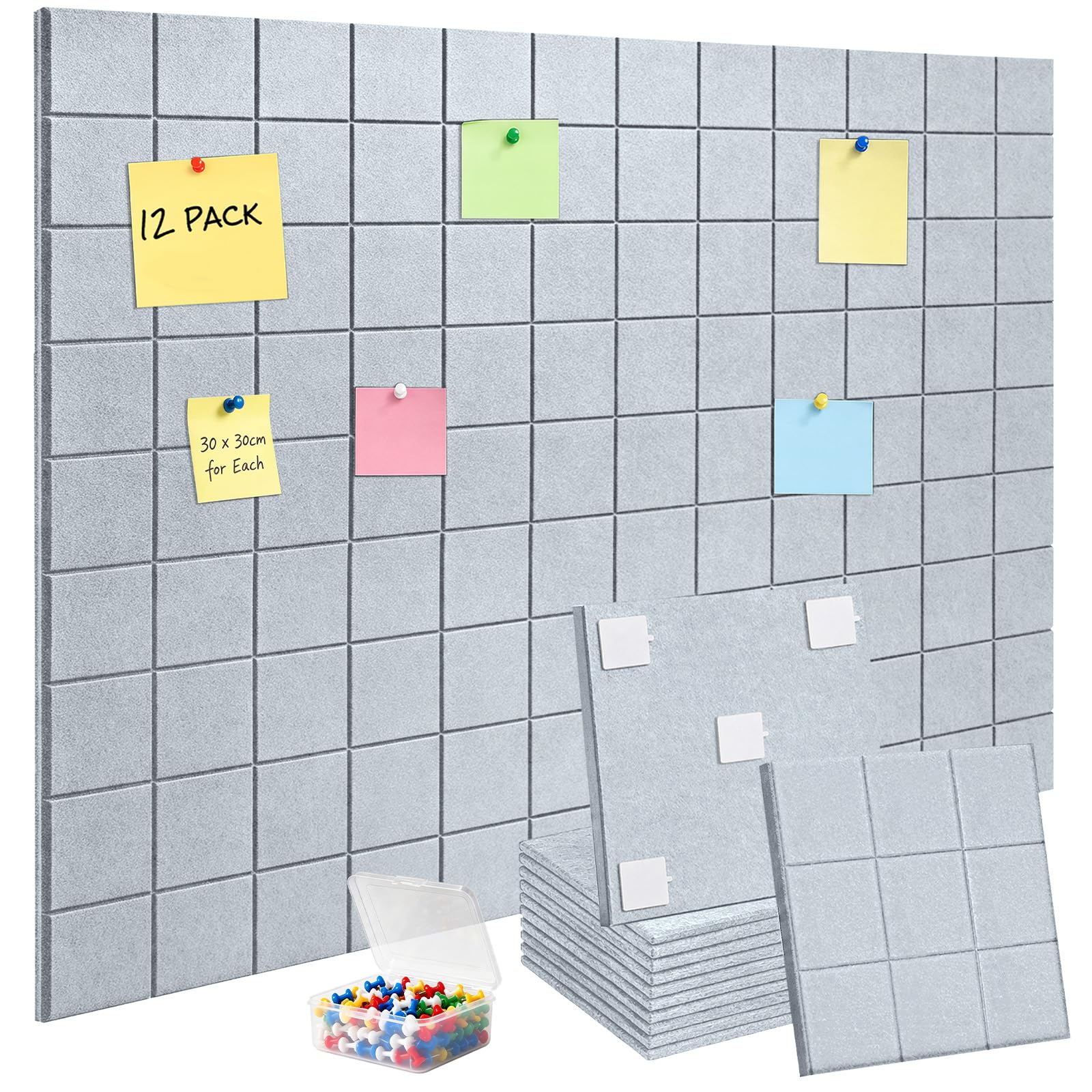 12 Pack Self Adhesive Felt Bulletin Board Tiles, Large Coverage Removable Felt Pin Board for Home Office Classroom Wall Decoration, Grey