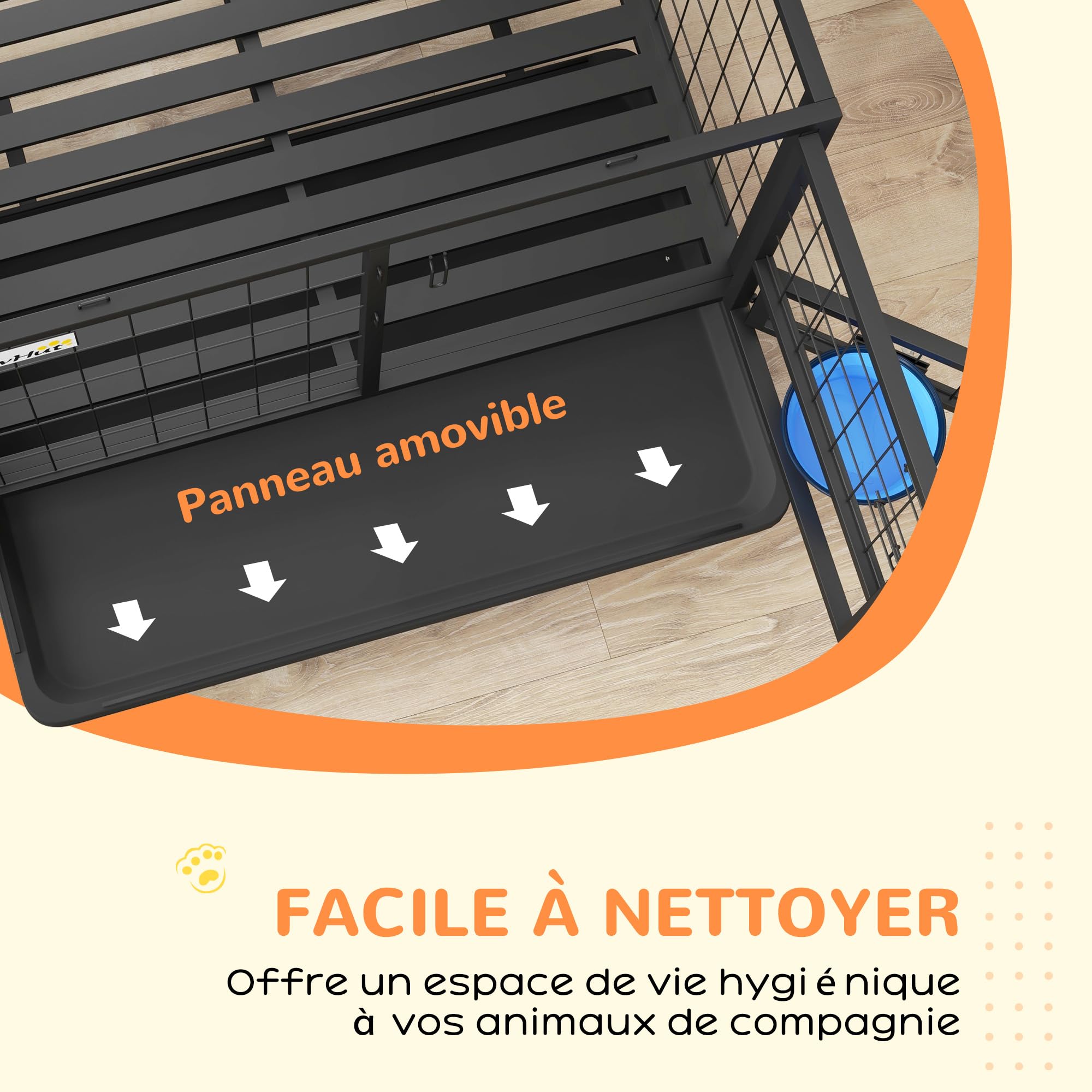 PawHut Cage pour Chien Animaux Cage de Transport sur roulettes avec 2 Portes verrouillables Support de gamelle Plateau Amovible en Acier dim. 92L x 62l x 73H cm Noir