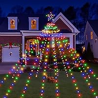 Vista 7 de Luces de árbol de Navidad Ccinny 340LED con estrella superior, luces de cascada con control remoto impermeable IP67 con poste, 16 modos, 3