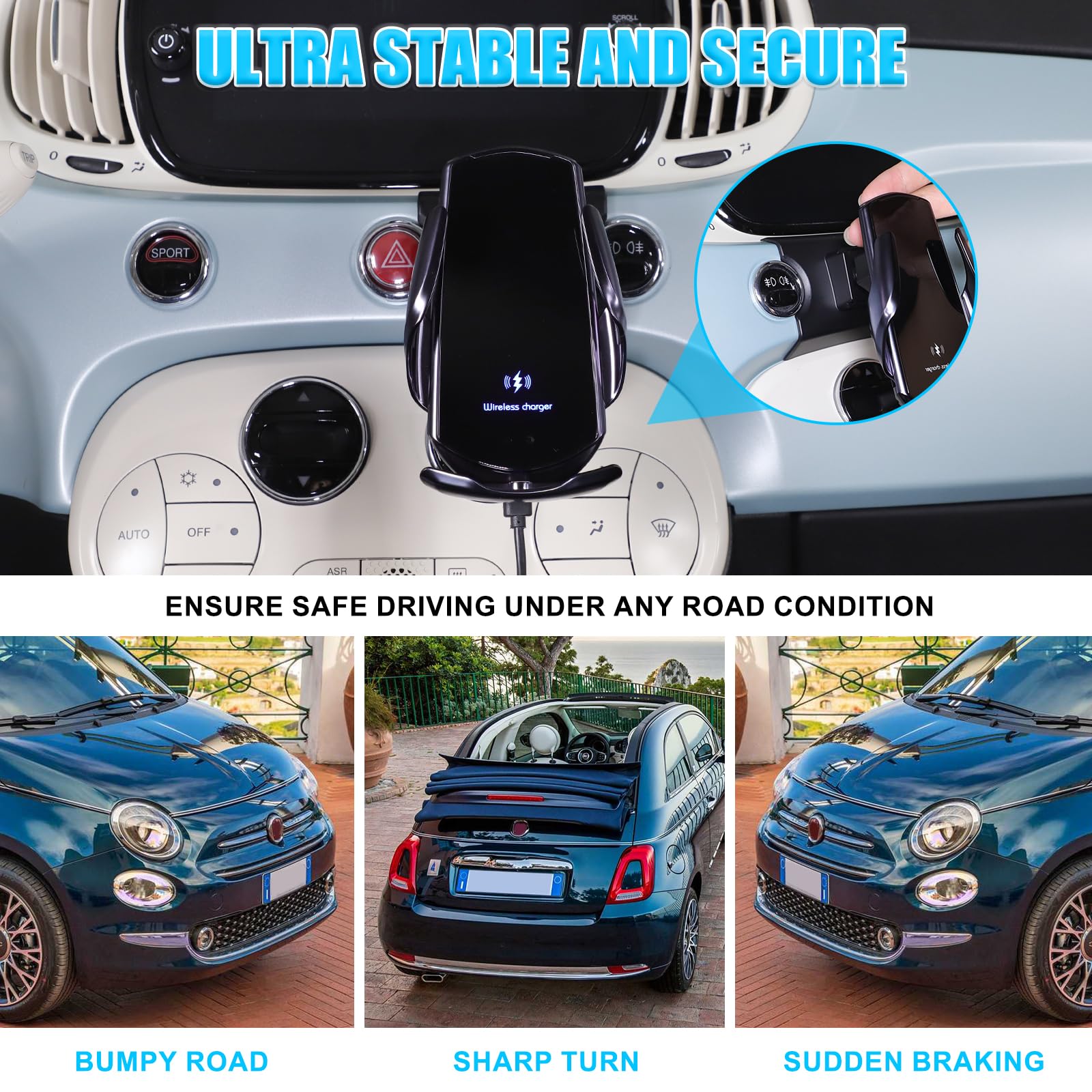 METYOUCAR Soporte de teléfono móvil para coche Fiat 500 2007-2016-2024 - Soporte de teléfono móvil giratorio y fijo para coche, compatible con iPhone, Android y smartphones