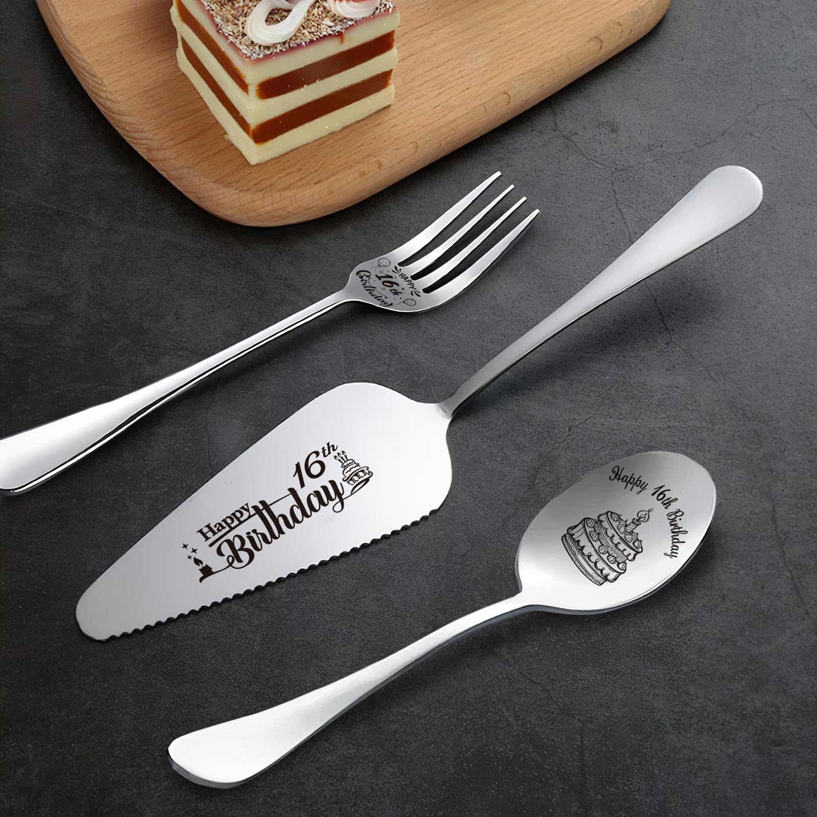 Juego de utensilios personalizados de acero inoxidable grabado con láser para fiesta de cumpleaños, servidor de pasteles, cuchara y tenedor para hijo, hija, sobrino, sobrina