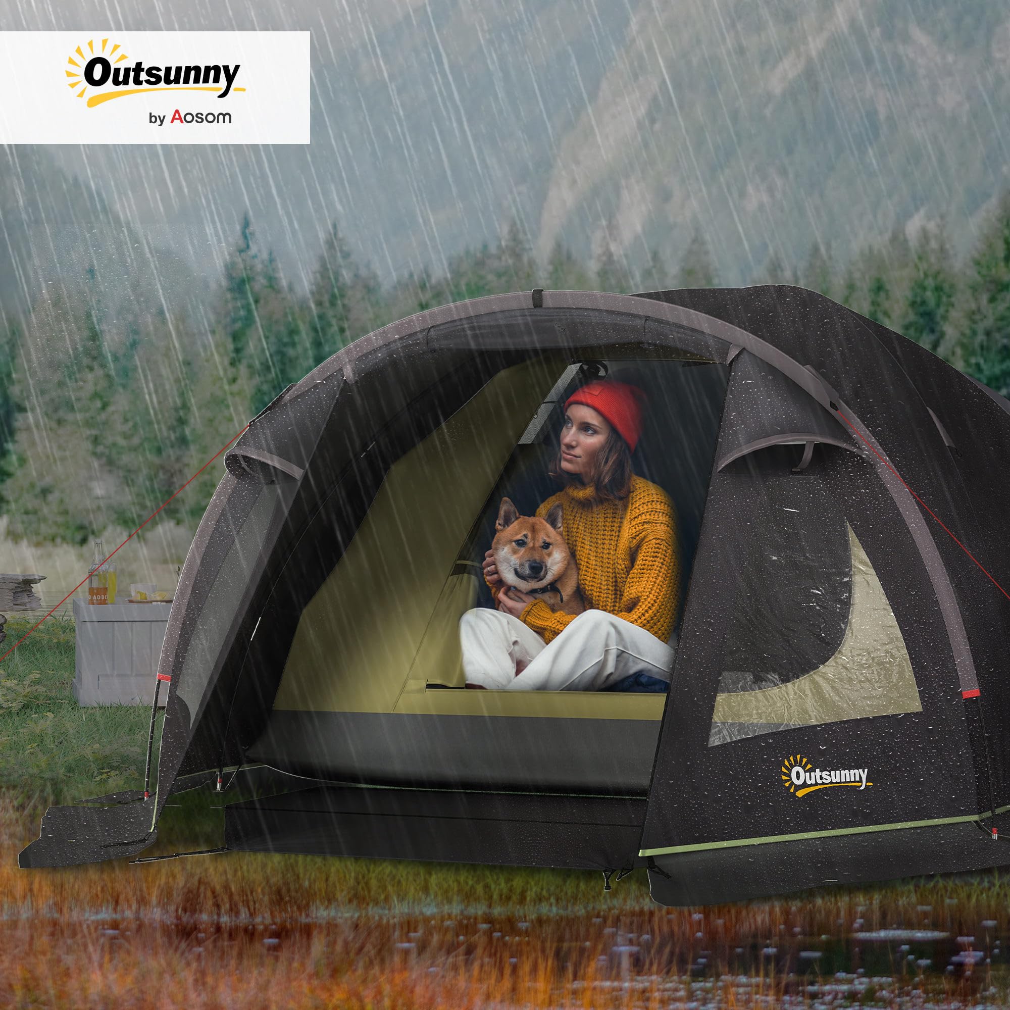 Outsunny Campingzelt für 2 Personen, Leicht Stabil Wasserdicht UV 50+ | Tunnelzelt Mit Vordach, Seitentür&Fenster, Bodenplane, Familienzelt, 3000mm Wassersäule, Camping Reise Trekking