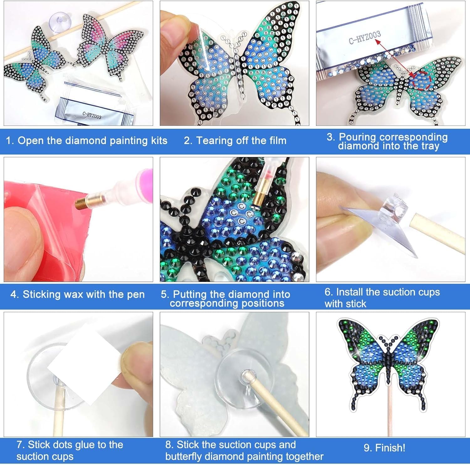 Diamond Painting Schmetterling Kits – 8-teiliges Bastelset Für Garten-Deko, Inkl. Bambusstangen & Strasssteine