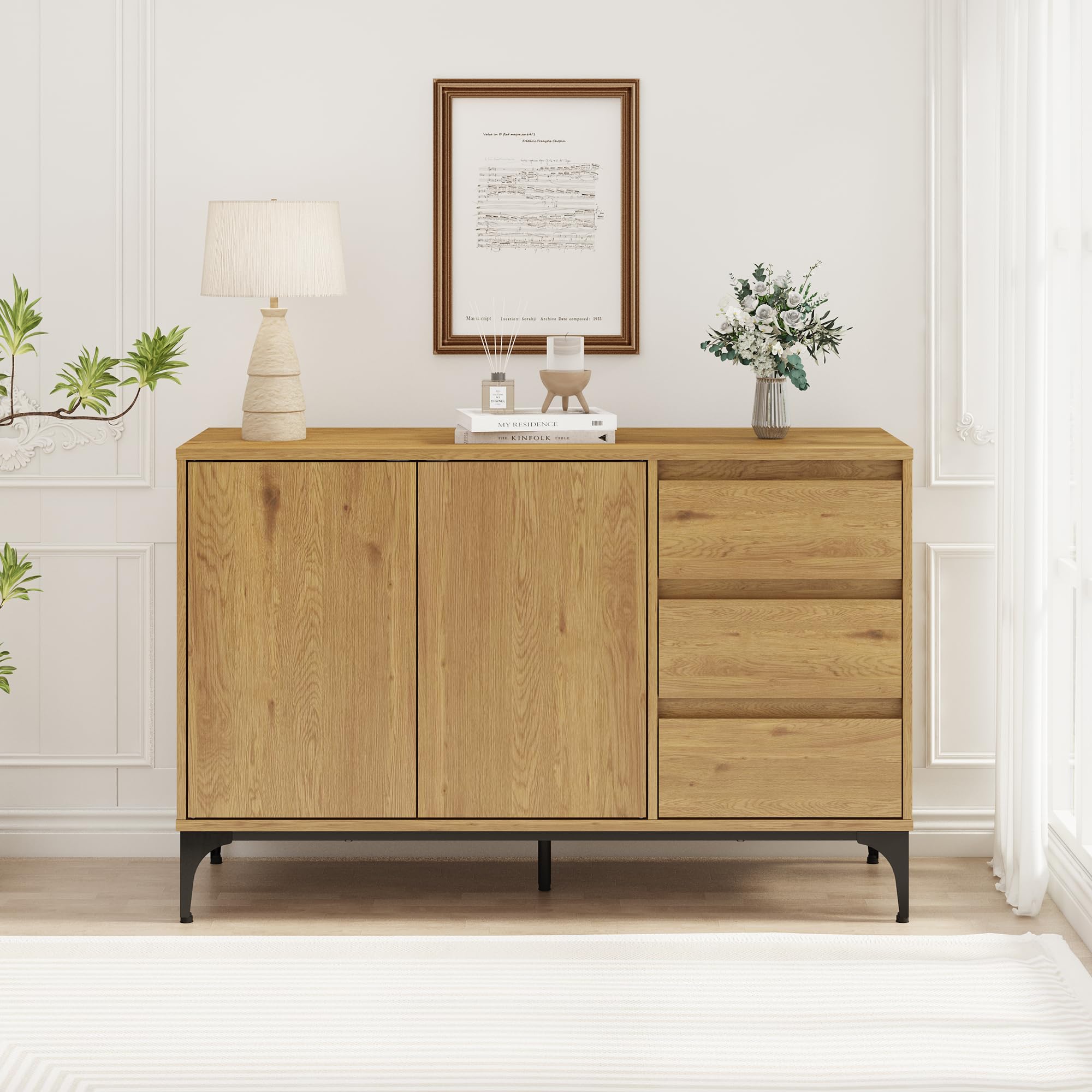[en.casa] Sideboard Kistiandi Wohnzimmerschrank mit 2 Türen und 3 Schubladen Kommode Buffetschrank mit Verstellbarer Ablage 77 x 120 x 40 cm Eicheoptik, dunkel