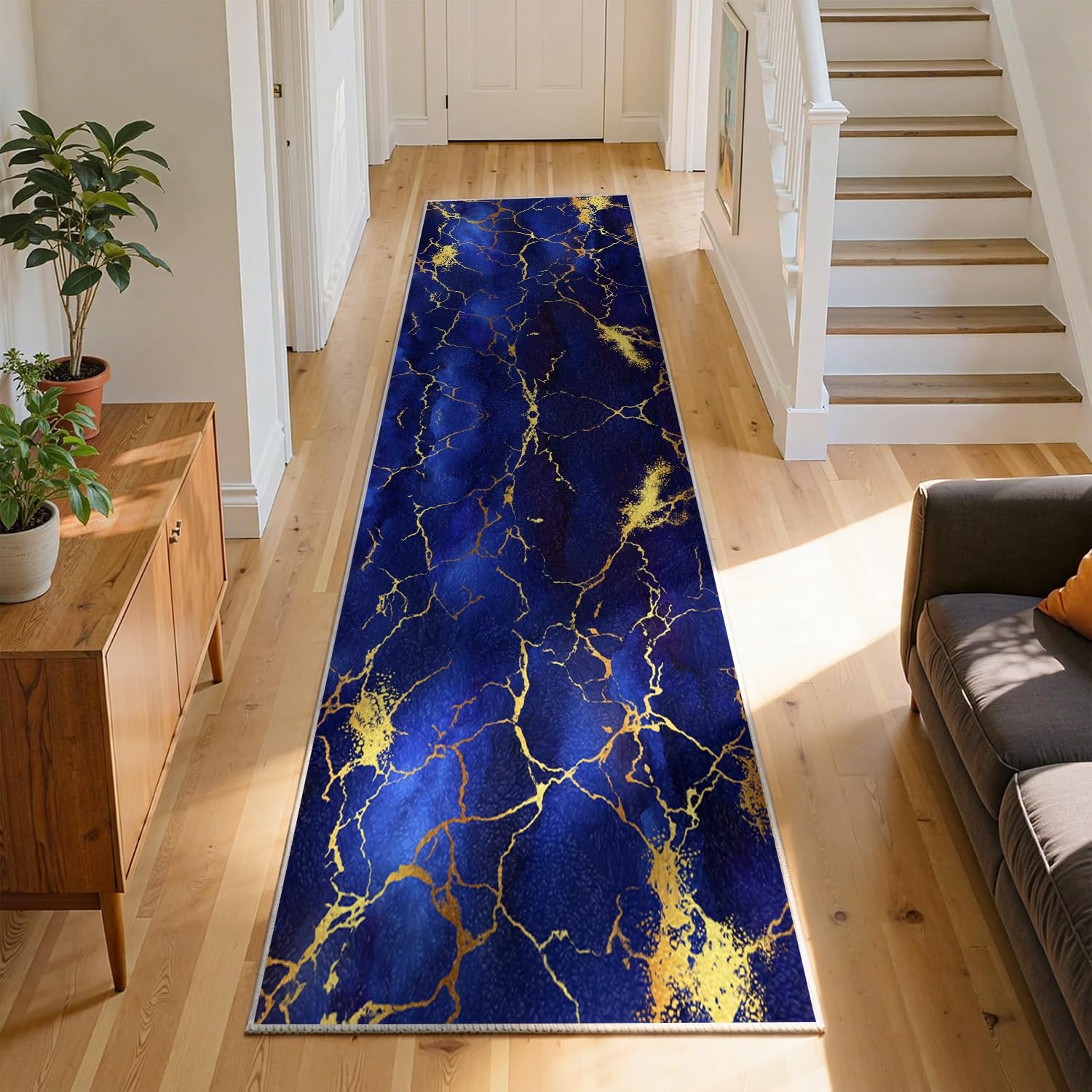 Marble Runner Rug, 60x150cm Modern Abstract Geometric Deep Blue and Gold Marble Striped Hallway Rug, Nordic Style, Soft, Non-Slip, Washable, Low-Pile Entrance Carpet for Laundry Room and Bedside