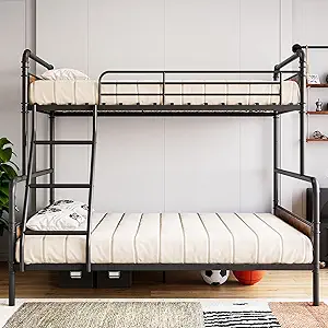 Garvee Bunk Beds Twin Over Full Size, Heavy Duty Bunk Beds with Ladder and Guardrail,Metal Bunk Bed for Kids,Teens,Noise-Free,Black & Brown