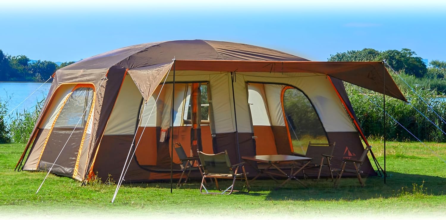 KTT Extra Large Tent 6-12-14 Person,Family Cabin Tents,2 Rooms,3 Doors and 3 Windows with Mesh,Straight Wall,Waterproof,Double Layer,Big Tent for Outdoor,Picnic,Camping,Family Gathering