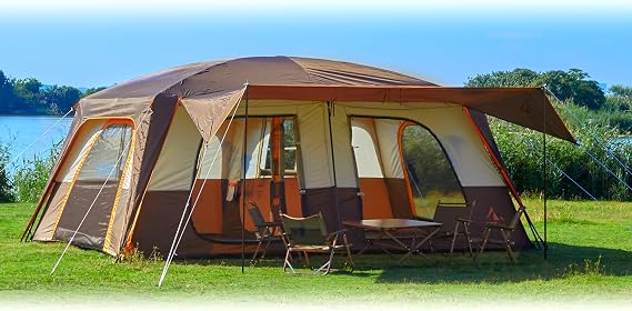 KTT Extra Large Tent 6-10-12-14 Person(Style-B),Family Cabin Tents,2 Rooms,3 Doors and 3 Windows with Mesh,Straight Wall,Waterproof,Double Layer,Big Tent for Outdoor,Picnic,Camping,Family Gathering