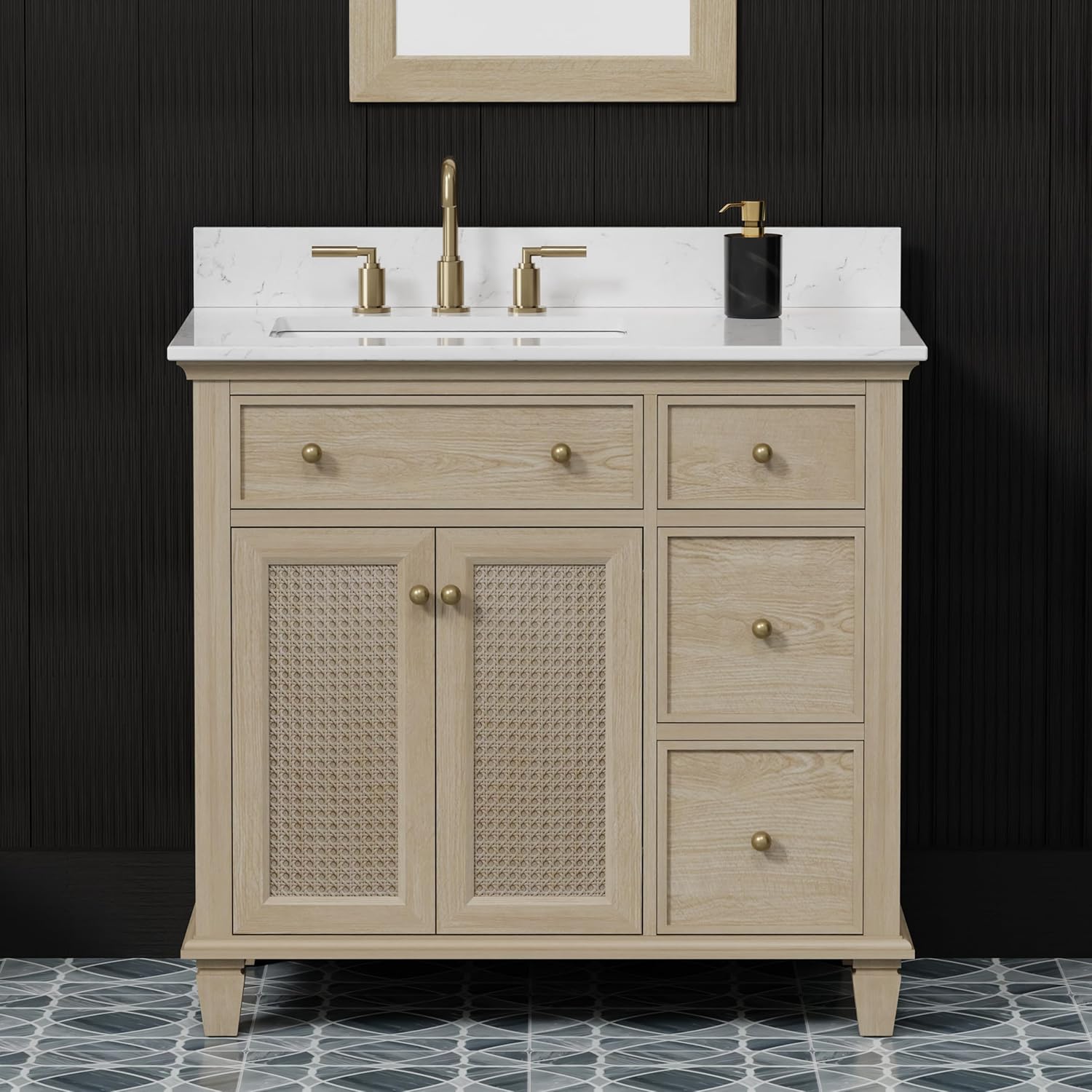 TILE & TOP Ronnie 36" Single Bathroom Vanity, 37" W x 22" D x 34.5" H, Carrara White Quartz Top with Sink & Backsplash, Light Oak, Solid Wood, Pre-Assembled, 4 Drawers, 2 Doors, Adjustable Feet.