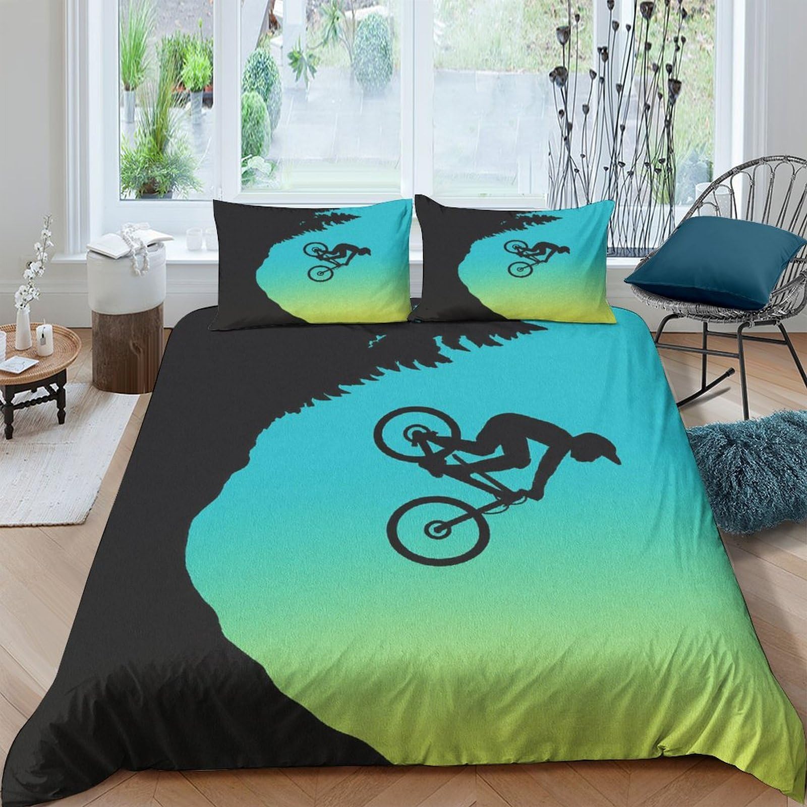 GPLZQXKJNH 3D Printed Mountain Bike Duvet Cover Microfiber Soft Breathable Gradient Green Bedding Set with 2 Pillowcases for Bedroom Home Single（135x200cm）