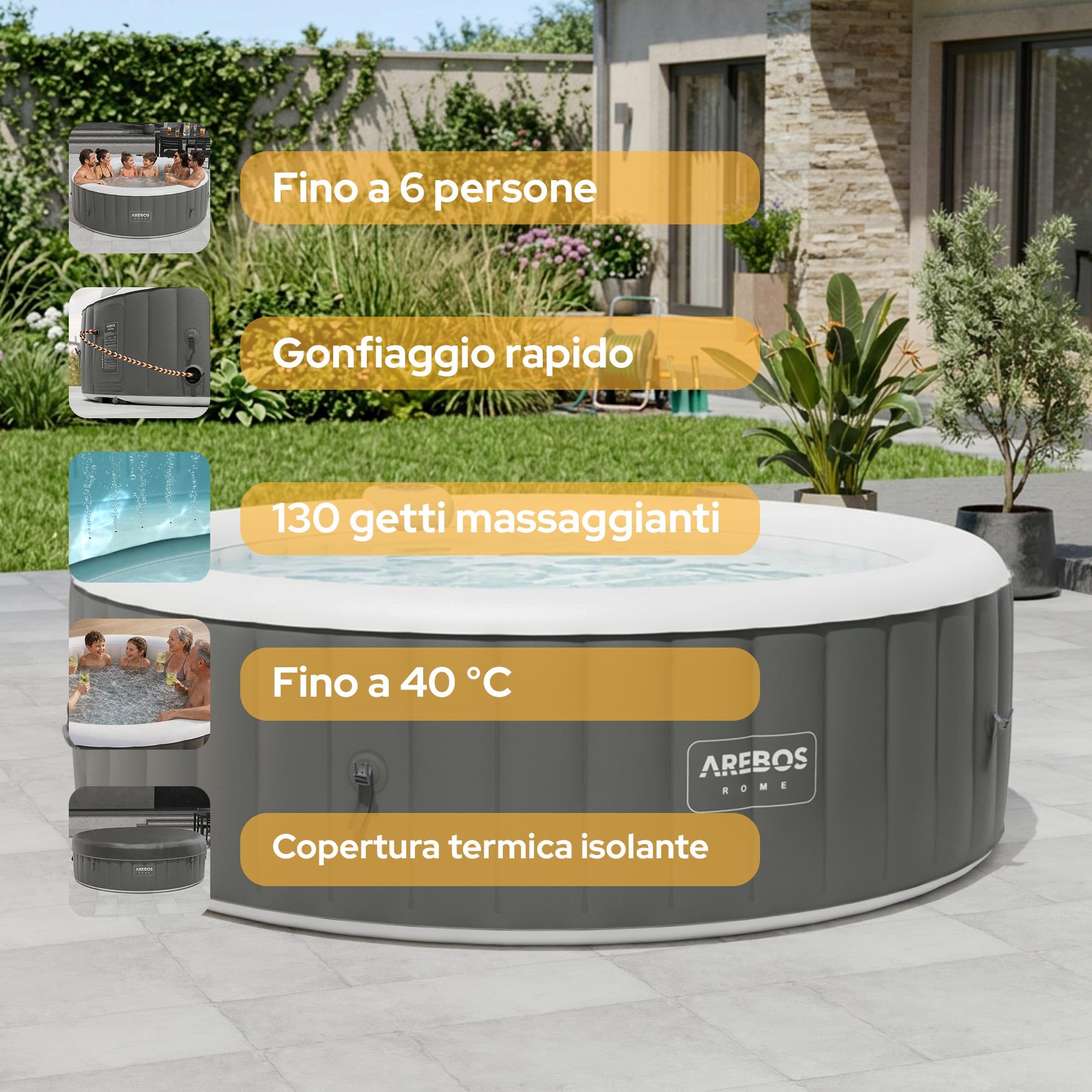 Arebos Vasca Idromassaggio Gonfiabile ⌀ 208 cm | Spa per Interni ed Esterni | 6 Persone | 1000 L | Rotonda | Whirlpool Gonfiabile