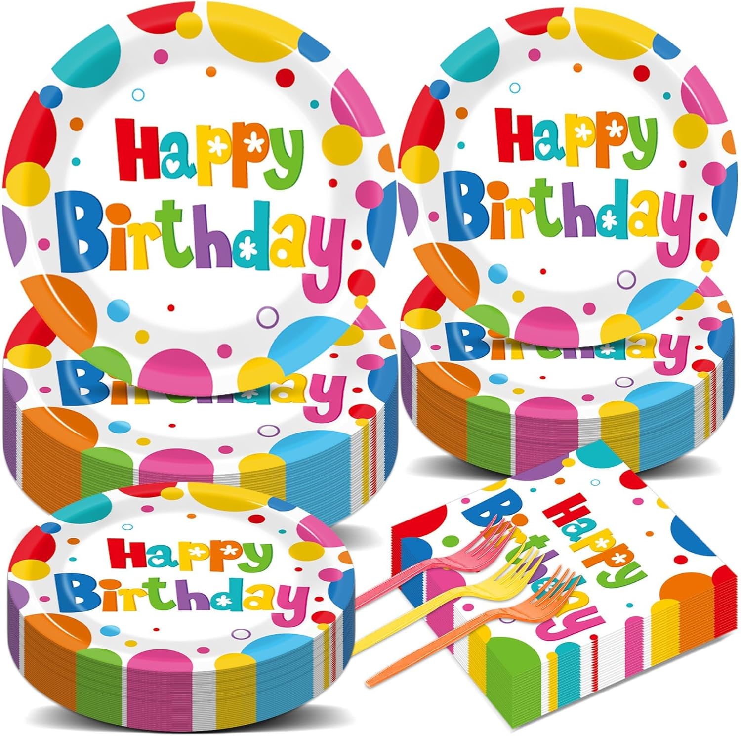 QOUBAI 200Pcs Birthday Party Decorations Rainbow Birthday Plates Tableware Set Colorful Birthday Disposable Paper Plates Fork And Napkins Birthday Party Supplies Includes For Girls/Boys, Serves 50