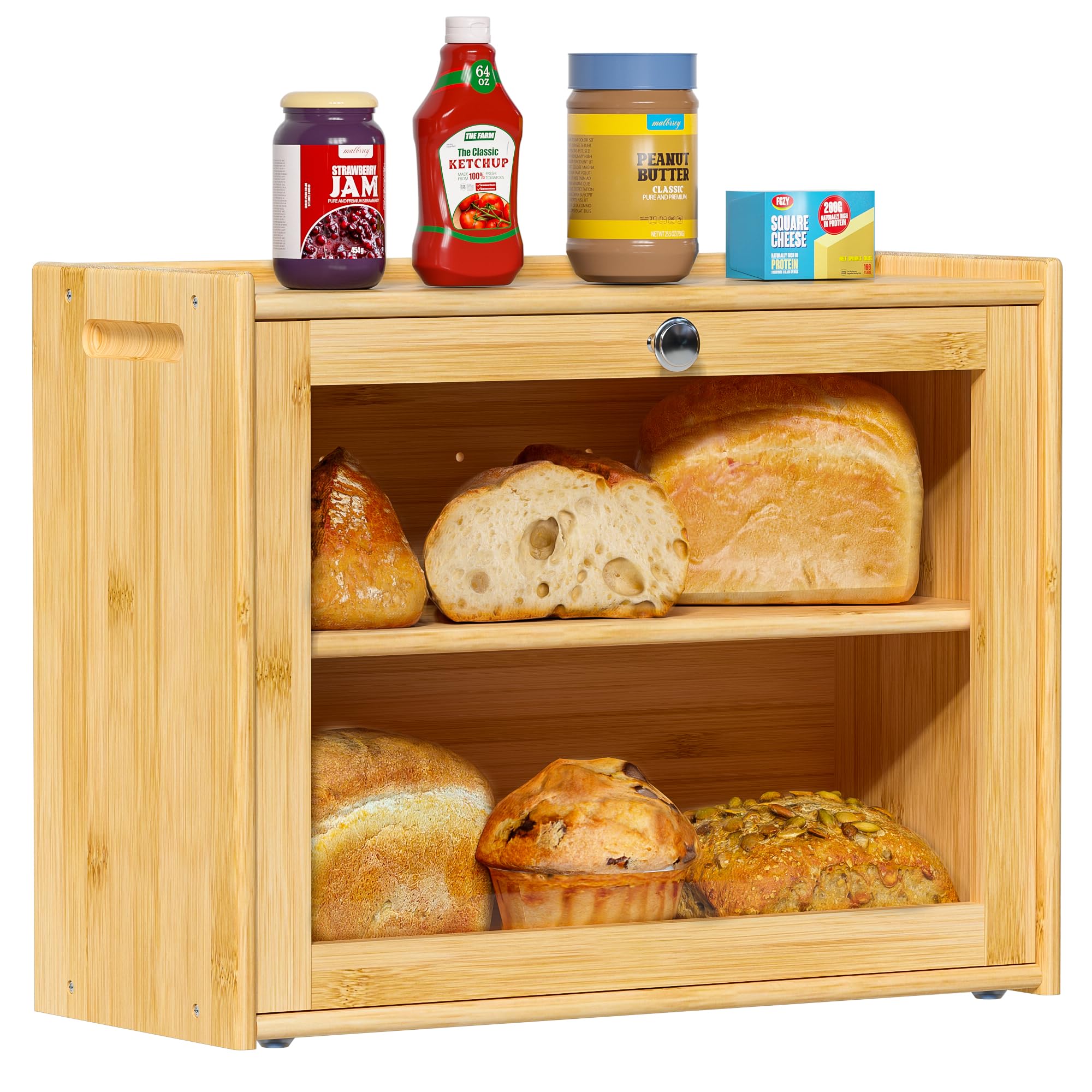 Panera de bambú con ventilación, 2 estantes y ventana grande, de madera, para pan, apto para alimentos, fácil de limpiar, 40 x 31 x 17,5 cm