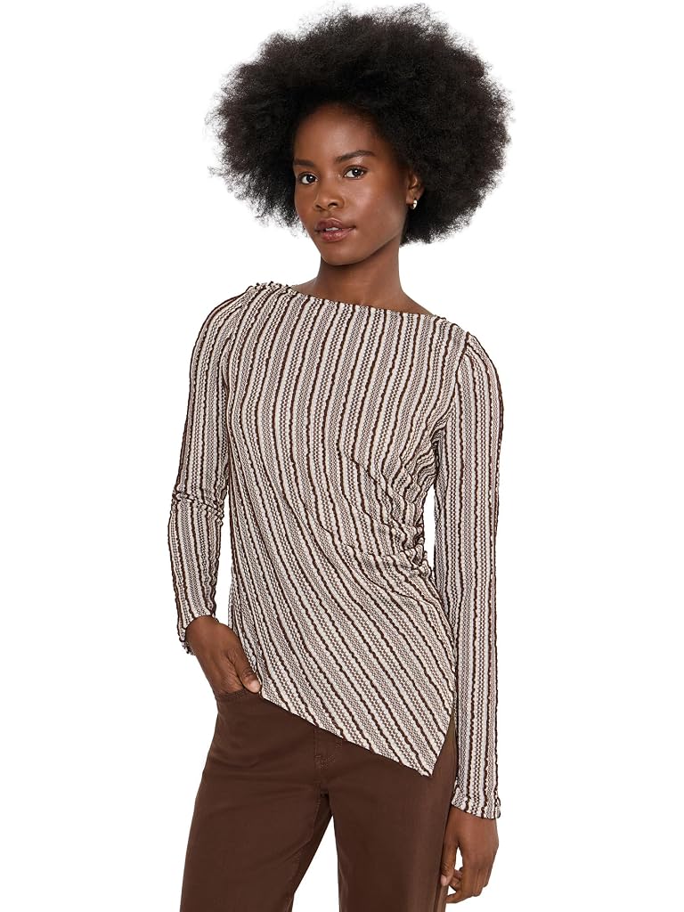 Brown Liverpool Los Angeles Long Sleeve Boatneck Asymmetric Hem Knit Top w/ Pleat