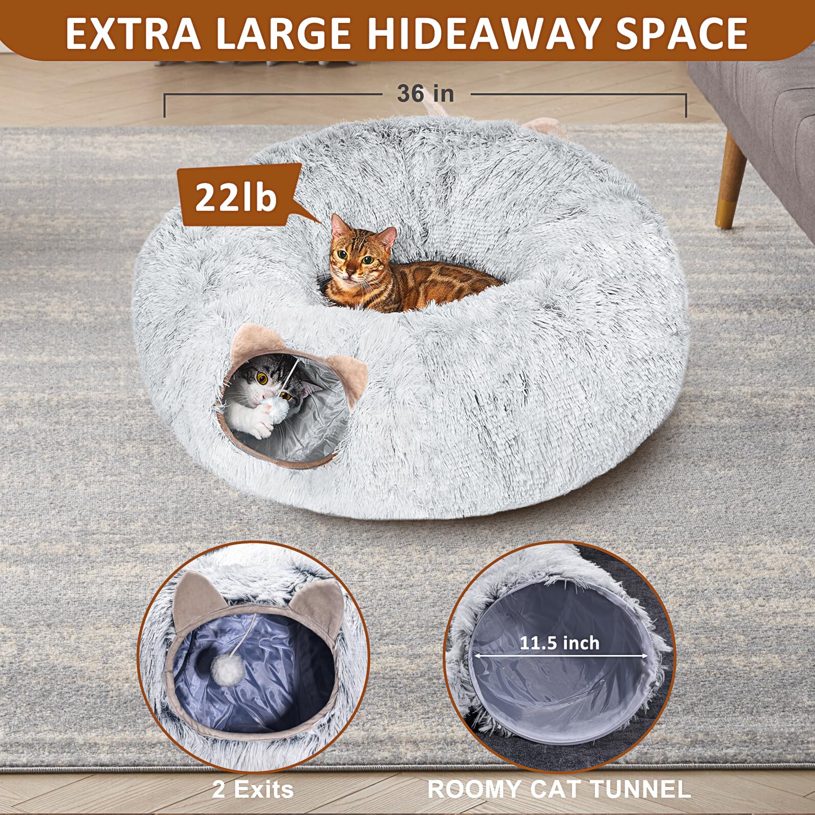 LUKITO Katzentunnel, Katzenspielzeug für Indoor-Katzen, Weiches Katzenbett, Großer Katzentunnel mit Zwei Eingängen Katzenhöhle, Geeignet für Katze