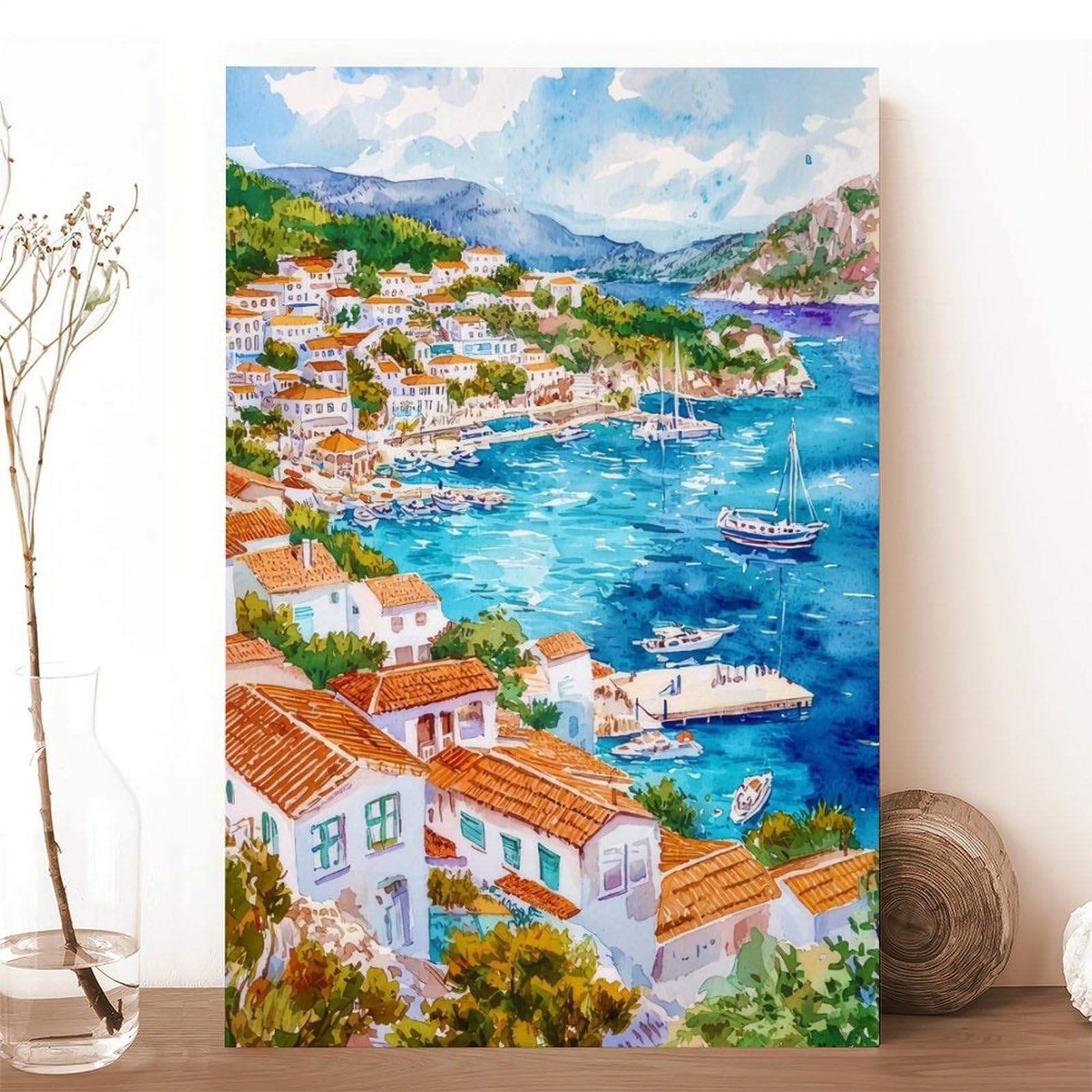F I N U C B Kas Aquarell-Poster, Wandkunst, Kas, Wandbehang, Heimdekoration, Geschenk, Kunstliebhaber, Türkei, Liebhaber, Geschenk, Leinwand, Dekoration, Druckrahmen, 50,8 x 76,2 cm