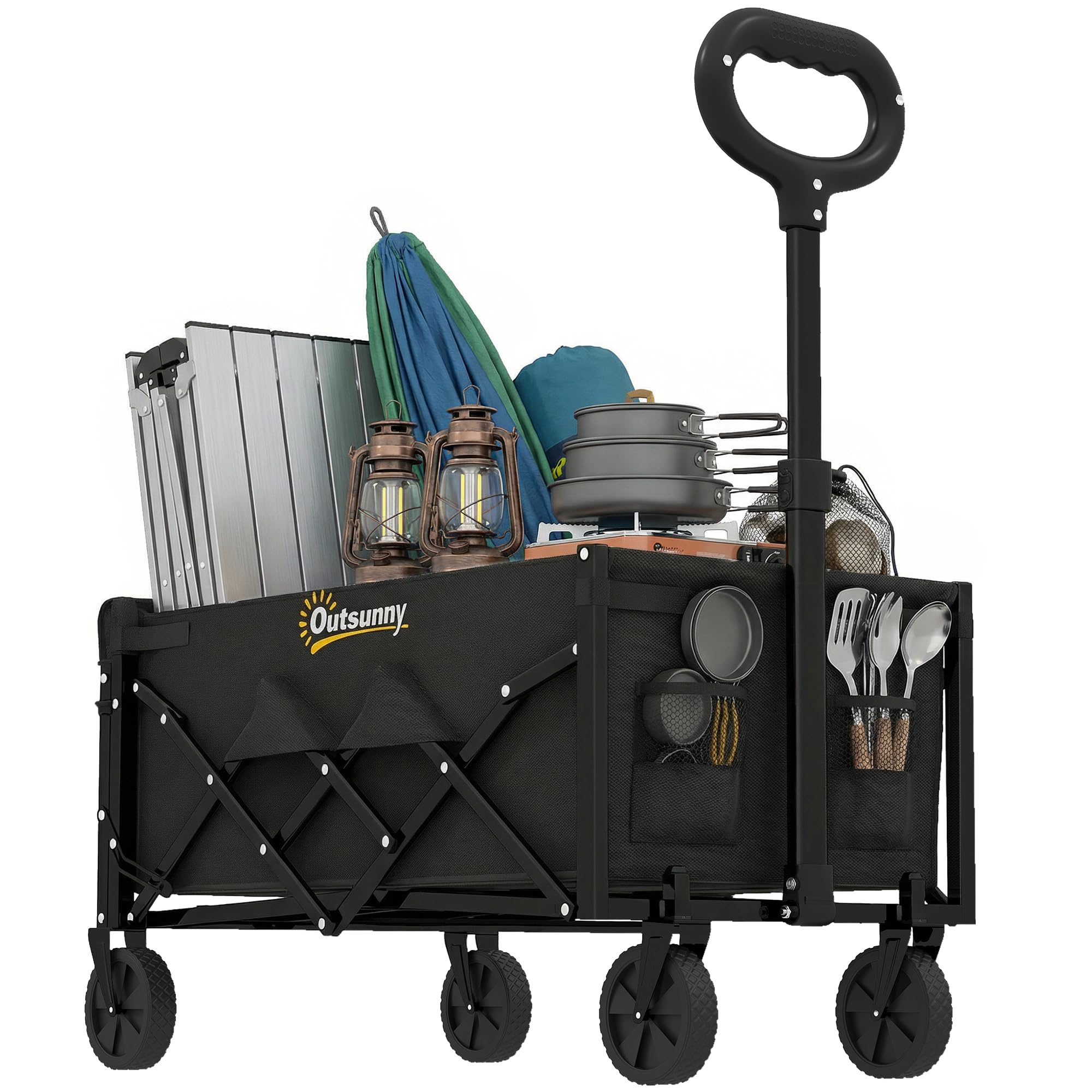 Outsunny Carrello da Giardino Pieghevole 60L, Carrello da Campeggio Portatile con Porta Frontale Apribile, Manico Regolabile e Supporto per Bicchieri, Ideale per Picnic, Pesca e Giardino, Nero
