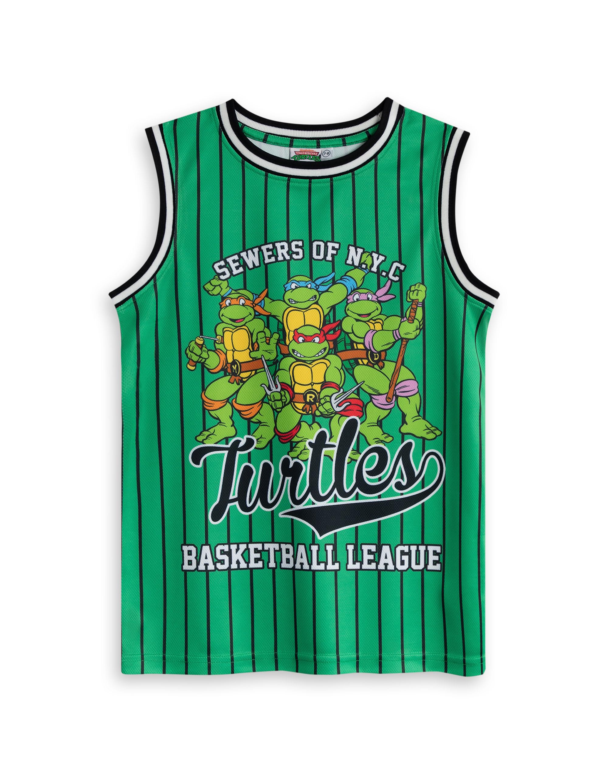 Teenage Mutant Ninja Turtles Grünes 2-teiliges Basketball-Set | TMNT Sewers of N.Y.C. Sportbekleidung für Jungen | Ärmelloses Freizeitoutfit | Basketball-Liga-Streifendesign | Schildkröten-Merch