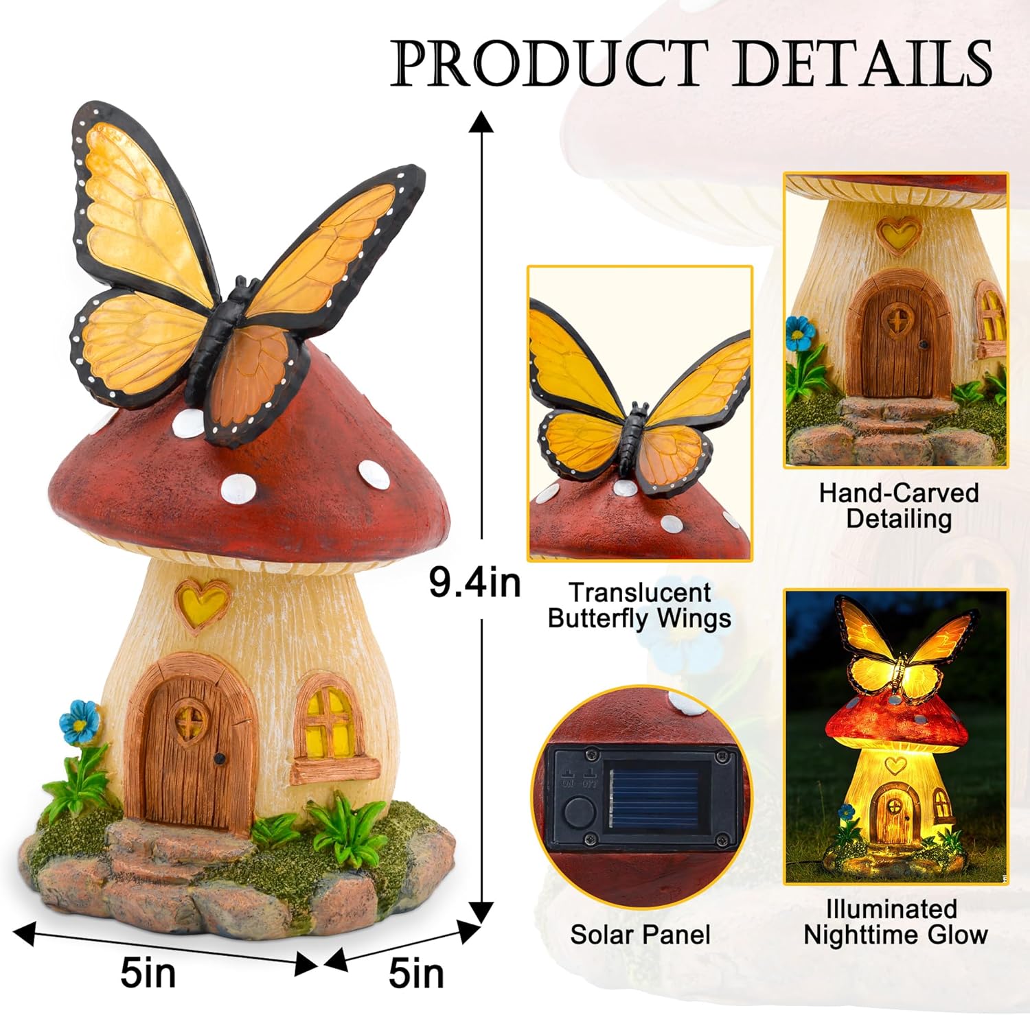 Solar Garden Statue Lights Mushroom Fairy House Figurine, Butterfly Warm LED Mushroom House Waterproof Outdoor Decor for Patio Porch Balcony Yard Decoration Lawn Ornament, Gifts for Women Mom Grandma