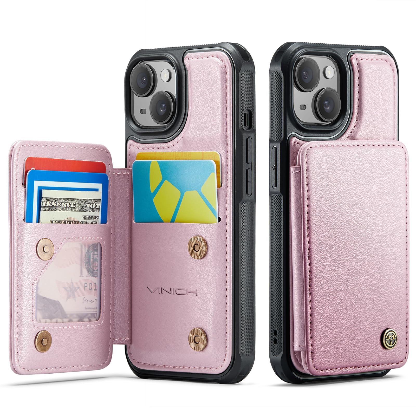 Vinich for iPhone 14 Wallet Case with Card Holder, RFID Blocking Credit Slots Kickstand Shockproof Phone Cover Fit for iPhone 14 6.1" Rose Gold