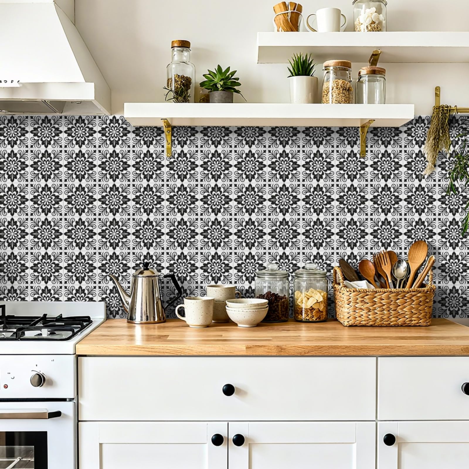 Tile Stickers Flower Geometry Black Stick on Kitchen Tiles Self Adhesive Wall Tiles PVC Peel and Stick Tile Covers Transfers Oil-Proof Kitchen Splashbacks for Walls Removable 10x10cm/48 Pcs