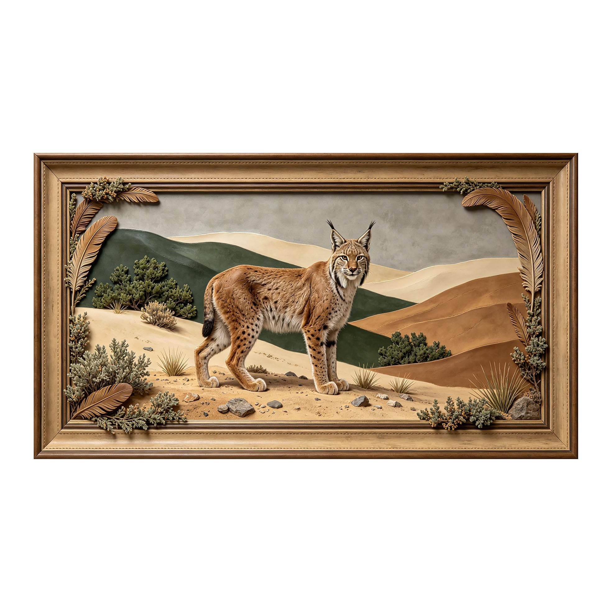 Yzpallescene 3D 3D Framed Wall Art 50cm×90cm Desert Lynx Wildlife Landscape Realistic Relief Effect Large Size SelfAdhesive Removable Wall Decor Prints Artwork for Living Room Bedroom Office