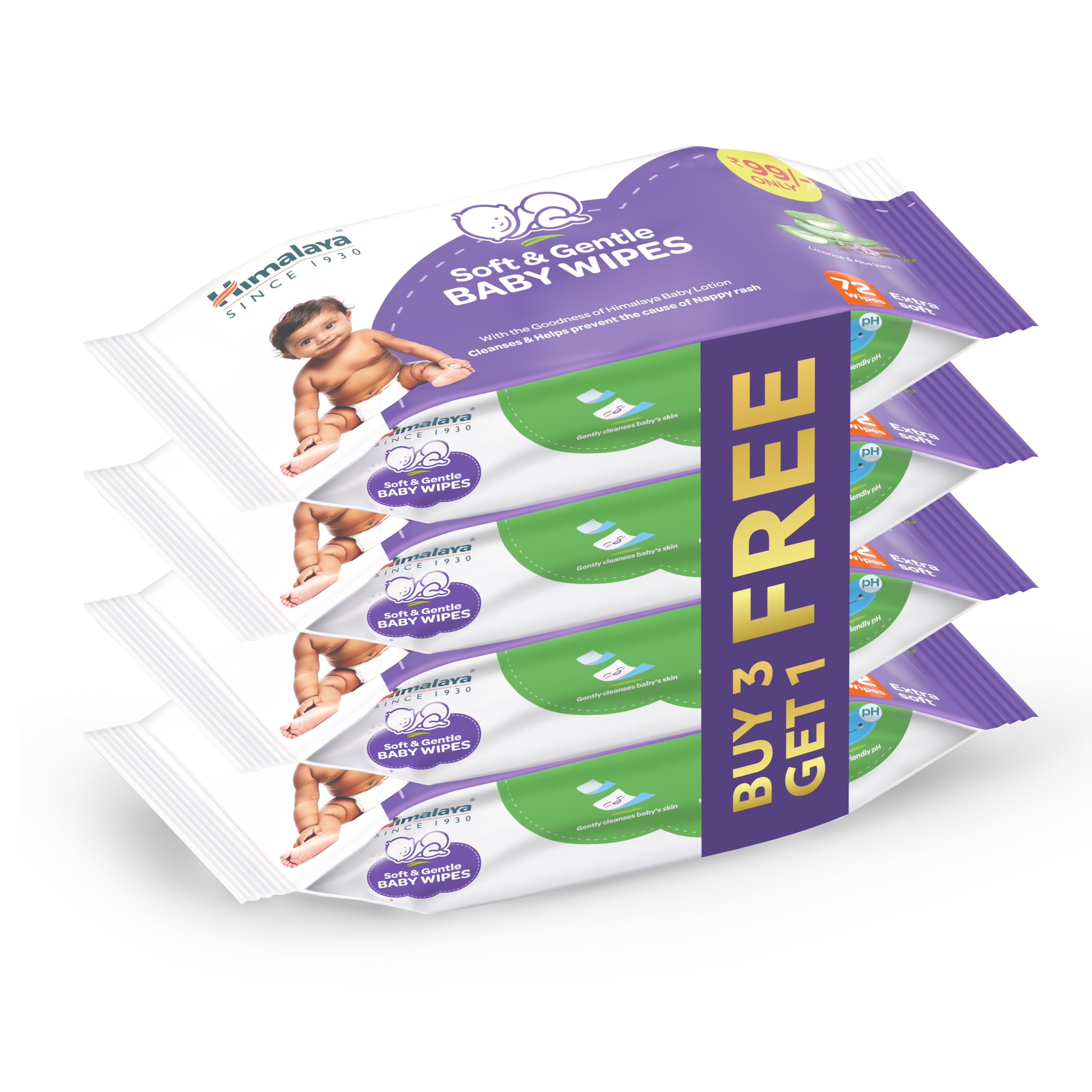 Himalaya Soft & Gentle Baby Wipes |72 Wipes x B3 G1 Free - 288 Wipes | With Licorice & Aloe Vera | Gently cleanses & Helps prevent the cause of Nappy Rash | With the Goodness of Himalaya Baby lotion | Extra Soft | Skin-Friendly pH