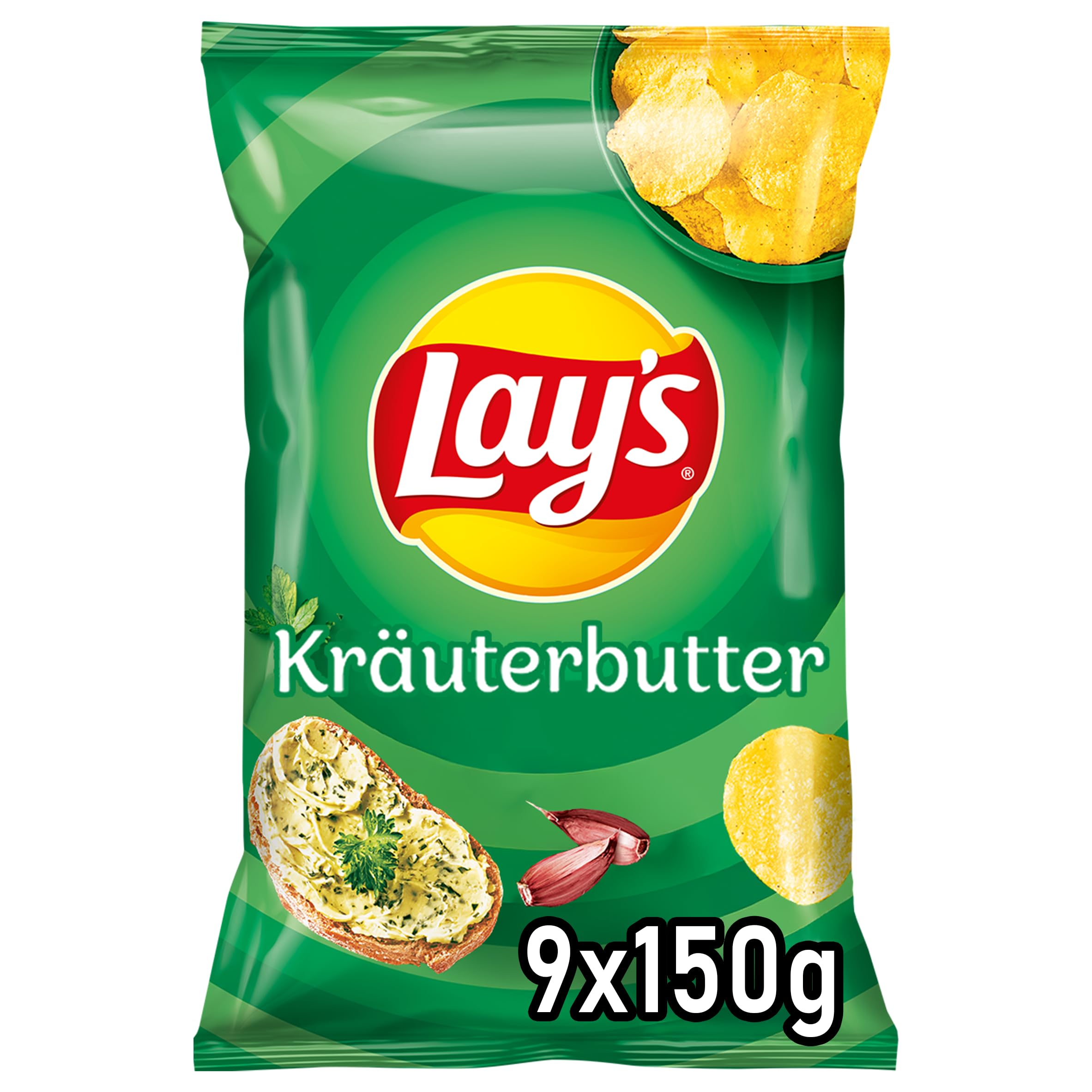 Lay's Kräuterbutter Geschmack - Knusprig gewürzte Kartoffelchips für eine gelungene Party (9 x 150 g)