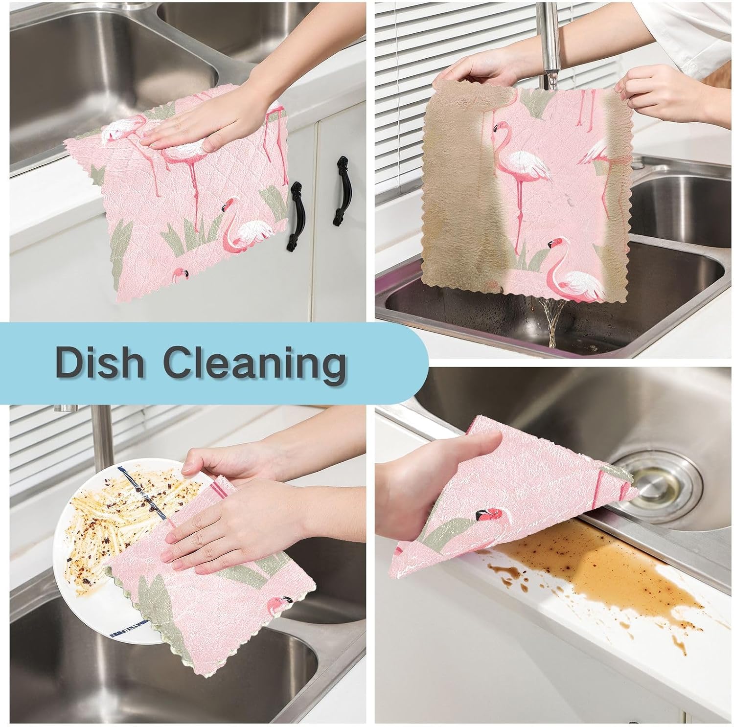YETTASBIN Flamingo Microfiber Kitchen Washcloths, Soft Absorbent Plush Dishtowels Reusable Washable Table Cleaning Cloths Non-Stick Oil Quick Dry Kitchen Towels, 11 x 11 Inch x 6 Pack