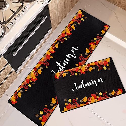 Juego de 2 alfombras y tapetes de cocina de otoño, antideslizantes, lavables, de acuarela, sin costuras, calabazas, tapetes de cocina para piso,