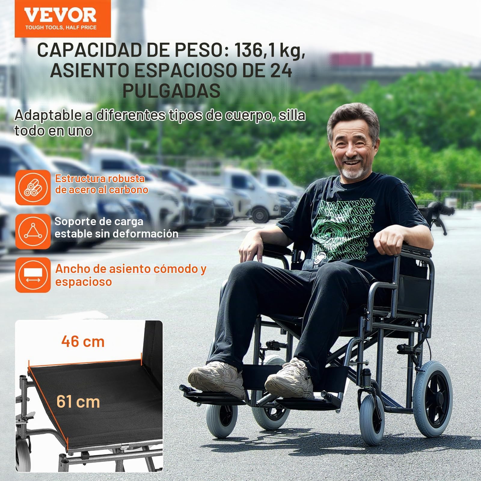 VEVOR Silla de Ruedas de Transporte de Acero al Carbono para Adultos, con Reposabrazos Desmontable, Freno Autoblocante, Capacidad de Peso de 136 kg, para los Discapacitados, 1045 x 770 x 918 mm