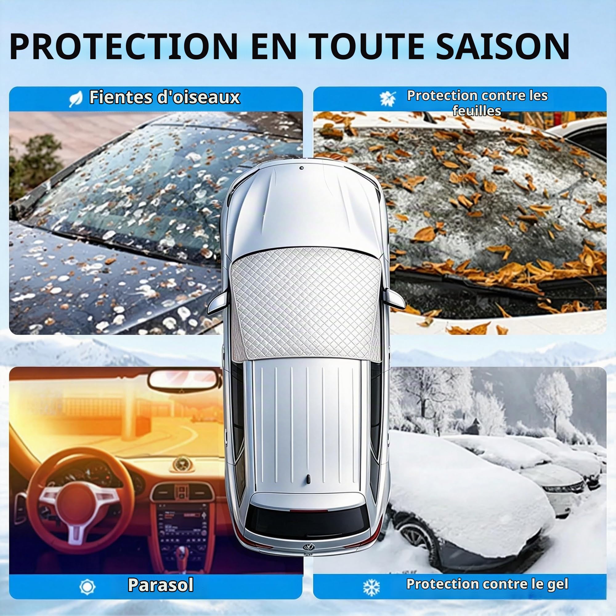 Pare-Soleil Voiture Pare-Brise Avant Compatible avec VW T6, Couverture de Pare-Brise Extérieur pour Camping-Car, Pliable Housse Protection Solaire Neige Toutes Saisons,avec Sac de Rangement